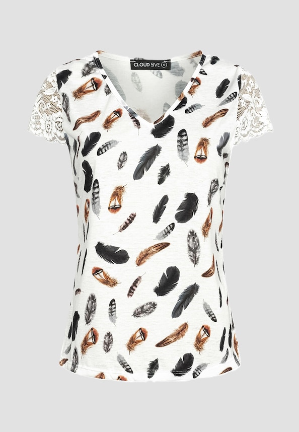 Cloud 5ive All over Feder Print V-Neck Shirt mit Spitzenansatz-0