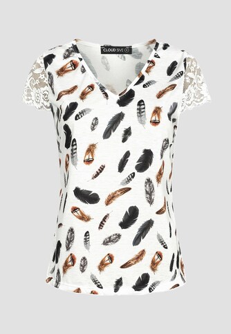 Cloud 5ive All over Feder Print V-Neck Shirt mit Spitzenansatz