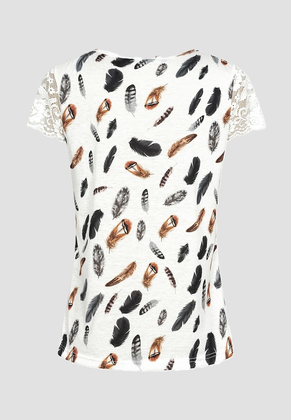 Cloud 5ive All over Feder Print V-Neck Shirt mit Spitzenansatz-1