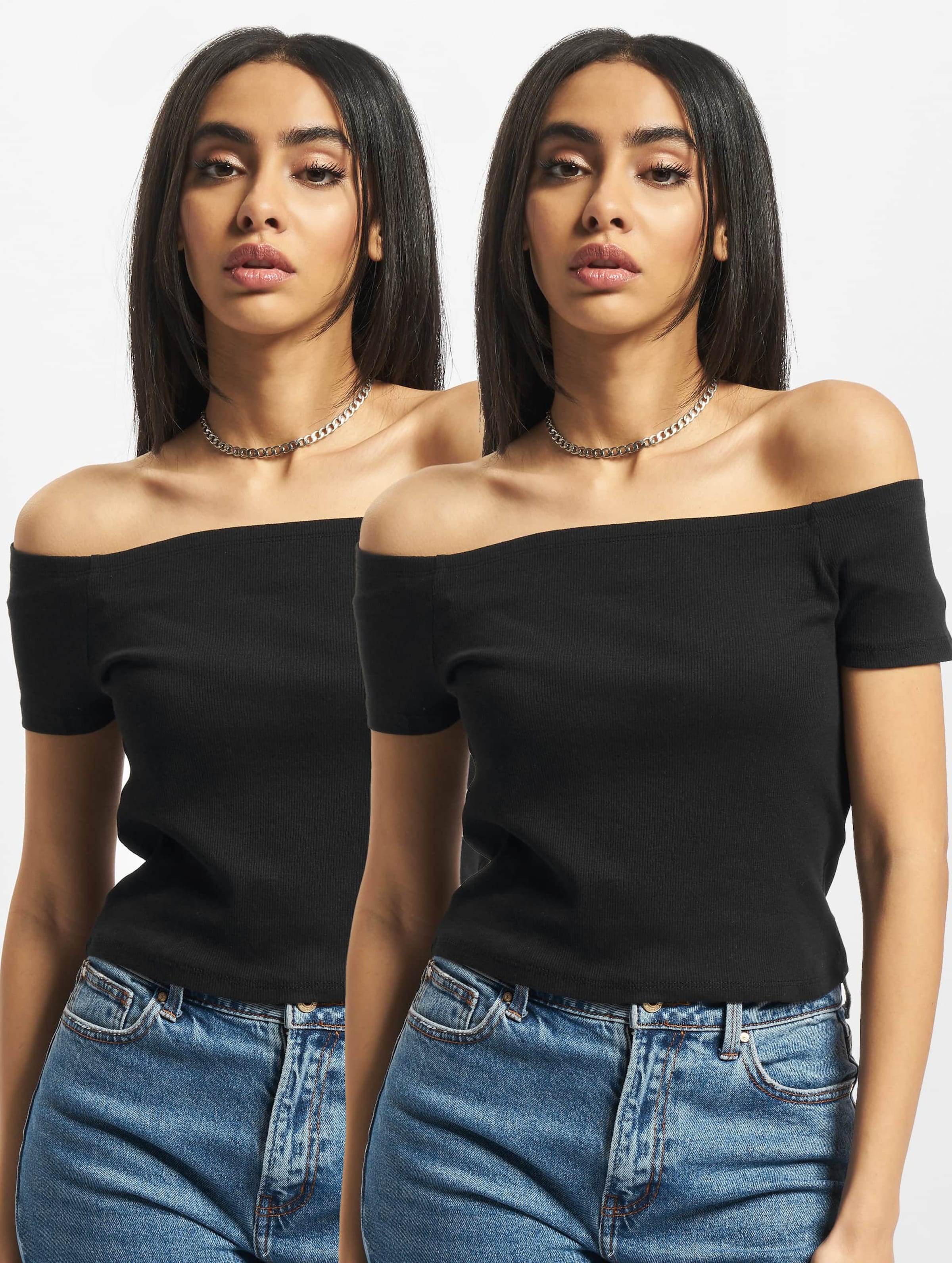 Urban Classics Ladies Off Shoulder Rib Tee 2-Pack op kleur zwart, Maat L