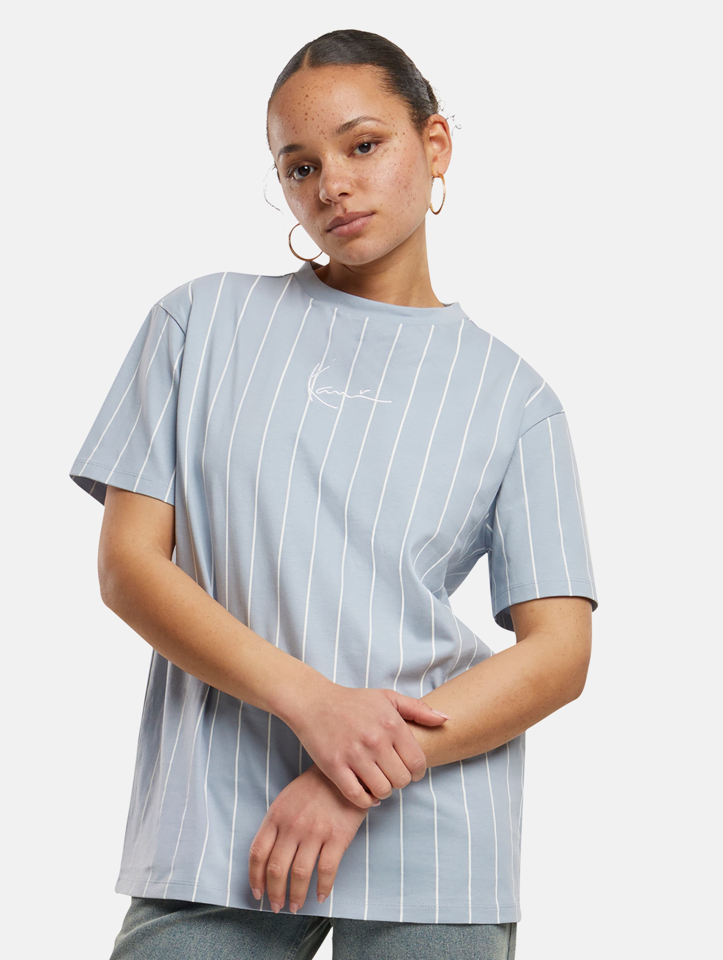 Karl Kani Small Signature Essential Pinstripe Oversized T-Shirt op kleur blauw, Maat XL