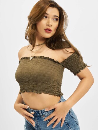 Ladies Cropped Cold Shoulder Smoke Top