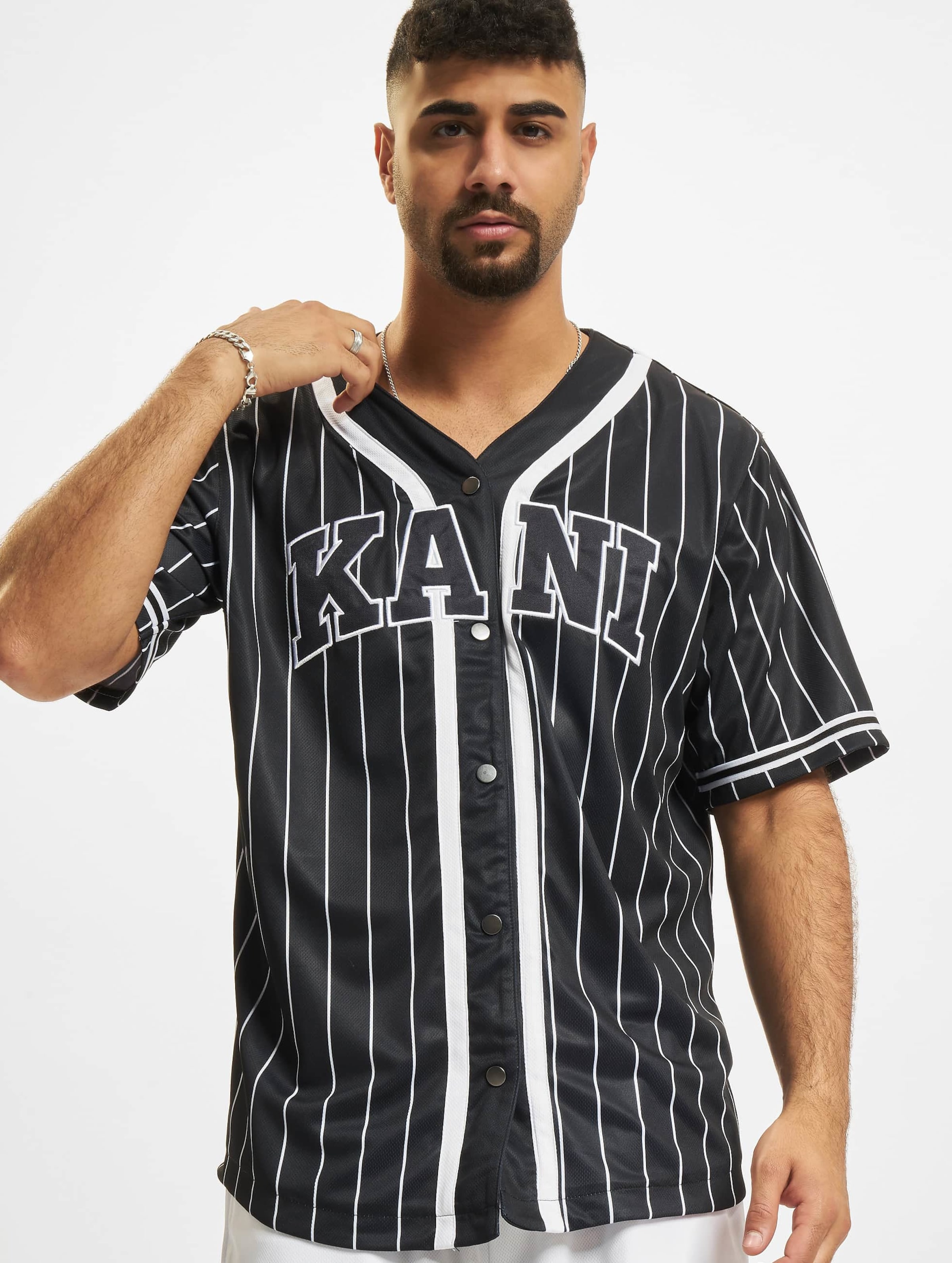KARL KANI◆Varsity Logo Pinstripe Baseball Shirt [LB] Karl Kani Varsity Logo Pinstripe Baseball Shirt niebieski