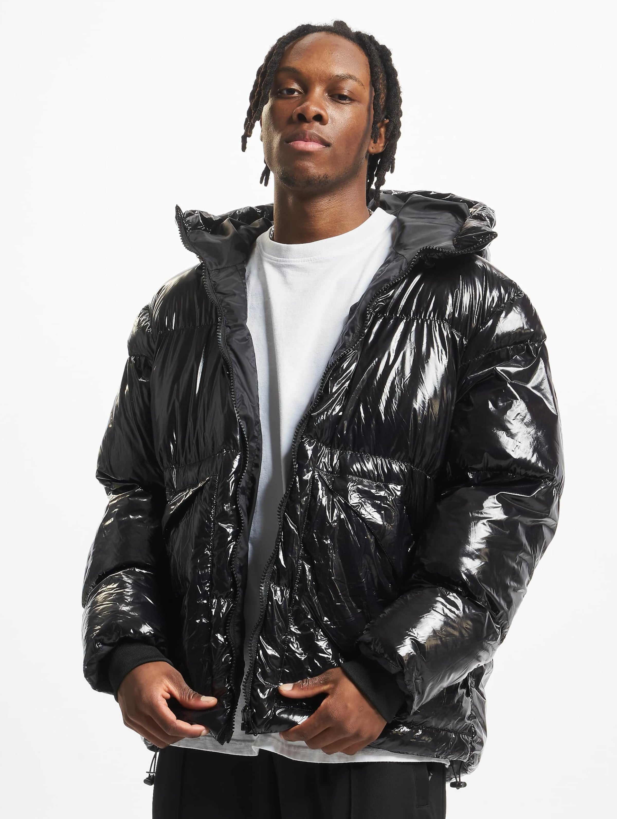 Black shiny puffer jacket best sale with hood