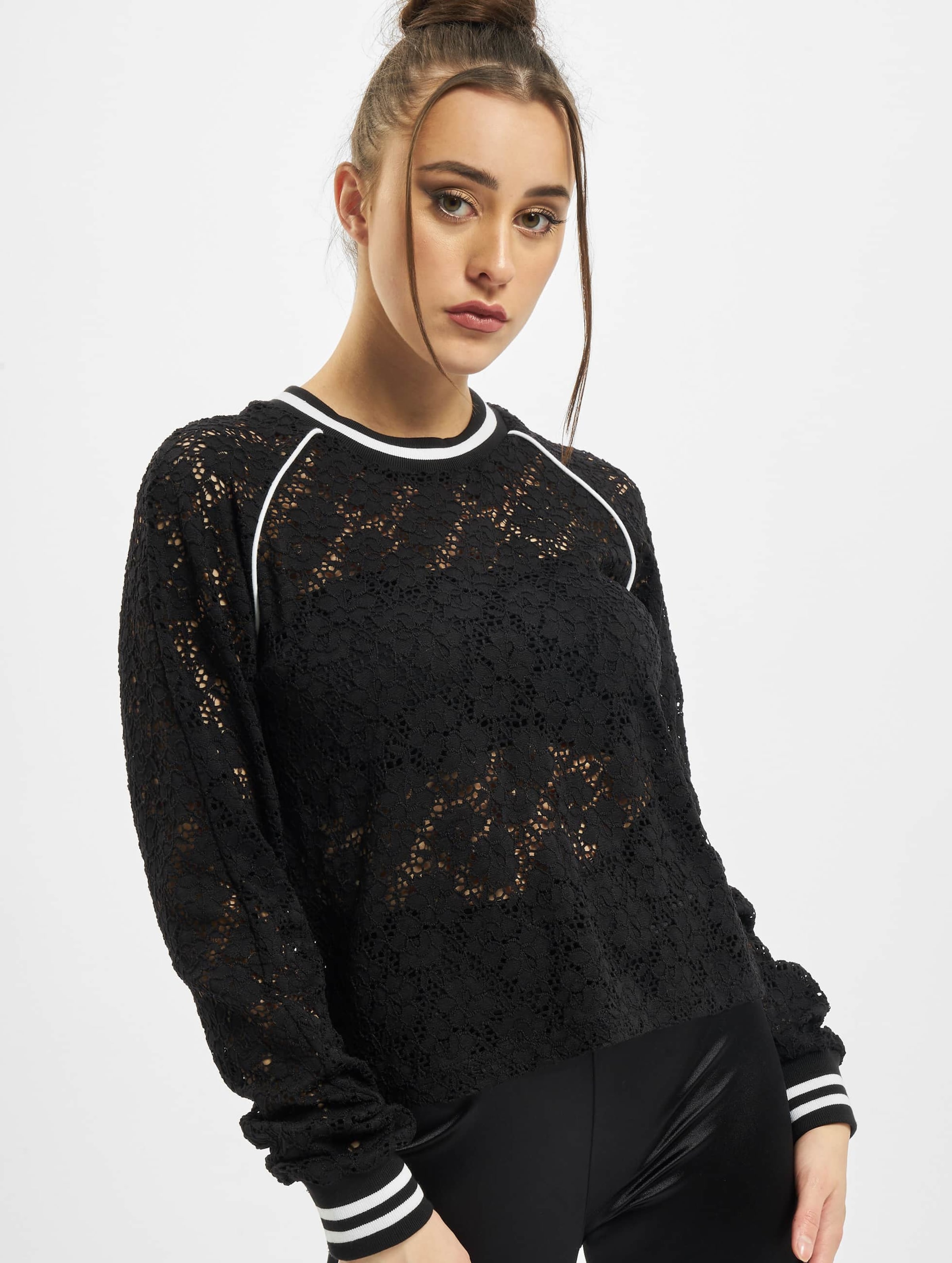 Urban Classics Ladies Short Lace College Crew Pullover Vrouwen op kleur zwart, Maat XL