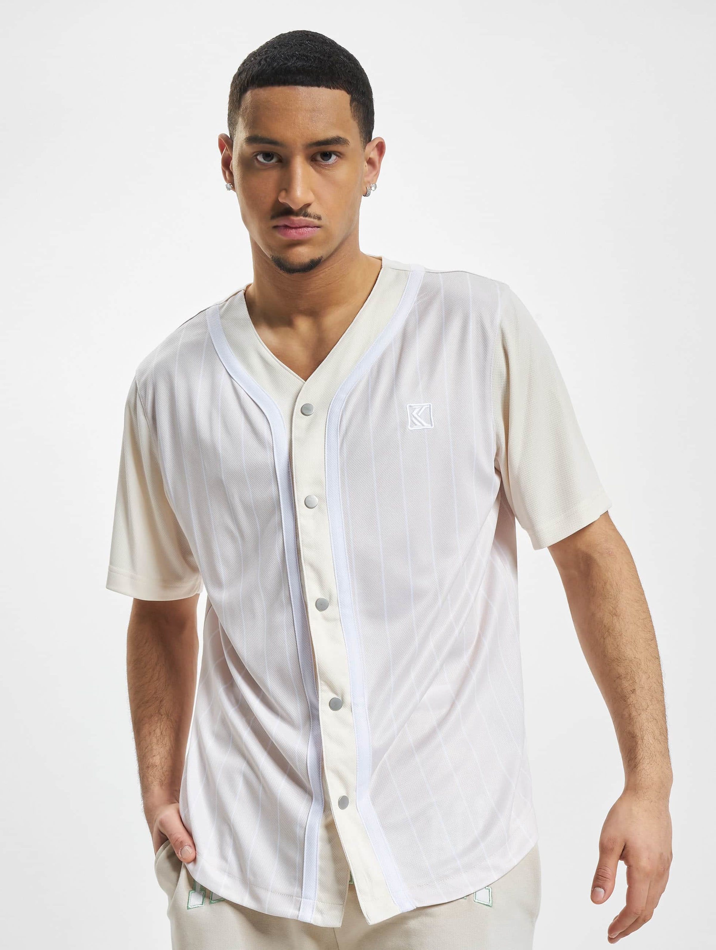 Karl Kani KM232-003-1 KK Og Block Pinstripe Baseball Shirt Mannen op kleur wit, Maat XS