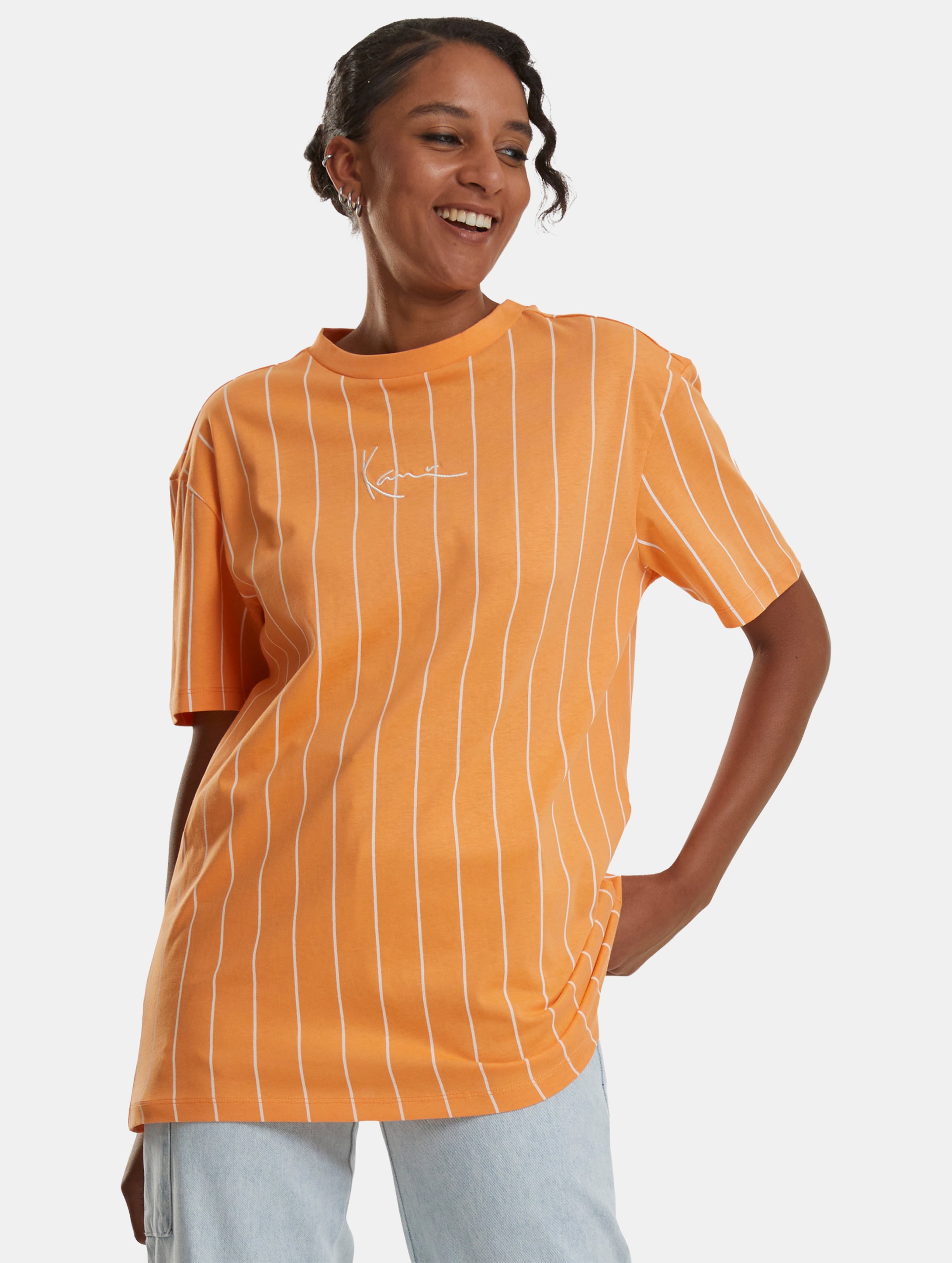 Karl Kani Small Signature Pinstripe Oversized T-Shirt op kleur oranje, Maat XXS