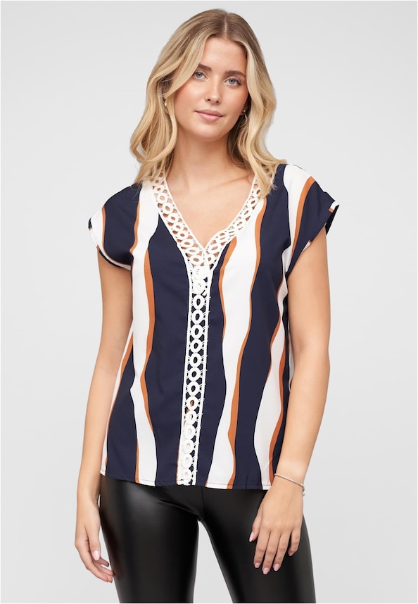 V-Neck Top mit Häkelbordüre und Wellen Print-0