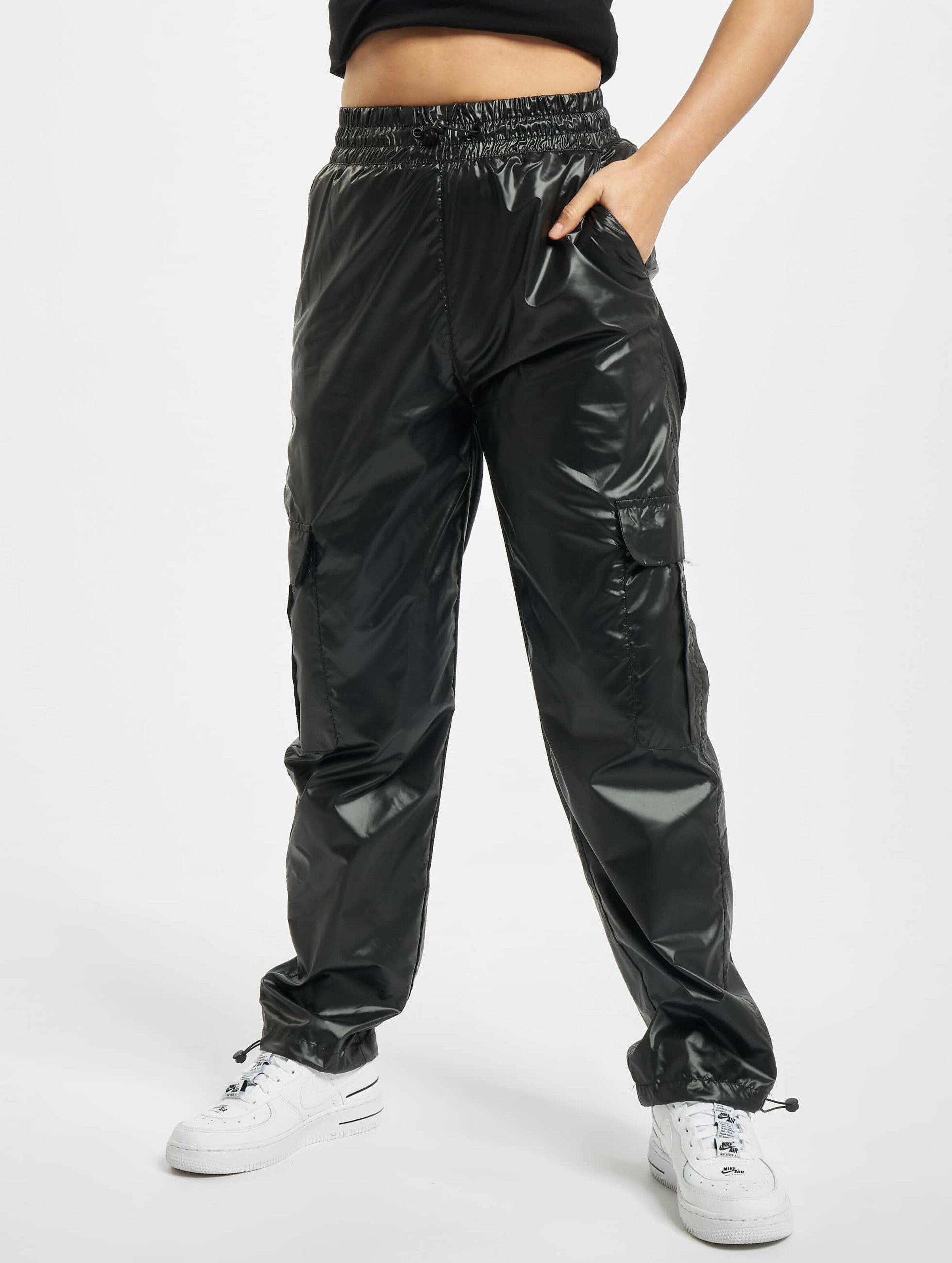 Black shiny cargo store pants