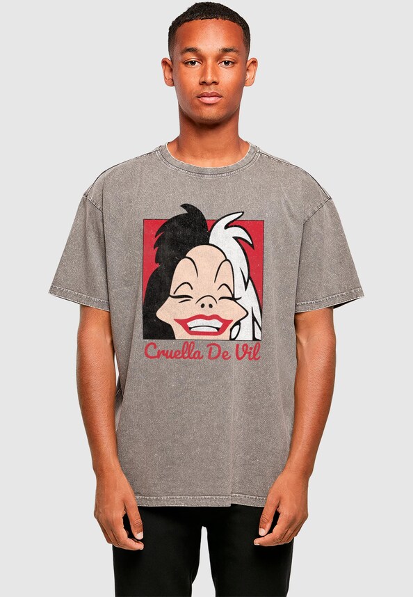 101 Dalmations - Cruella De Vil Head Acid Washed Oversize Tee-0