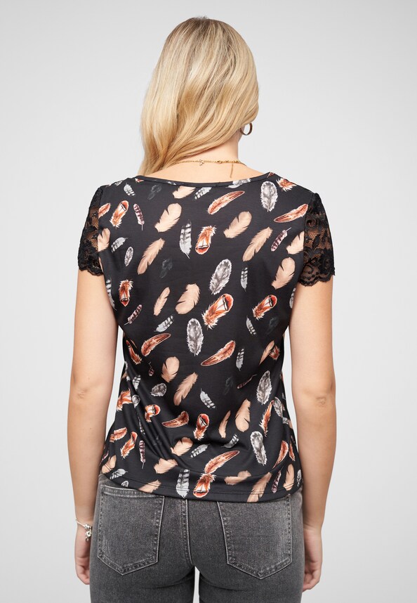 T-Shirt mit V-Neck und Spitzenansatz-1