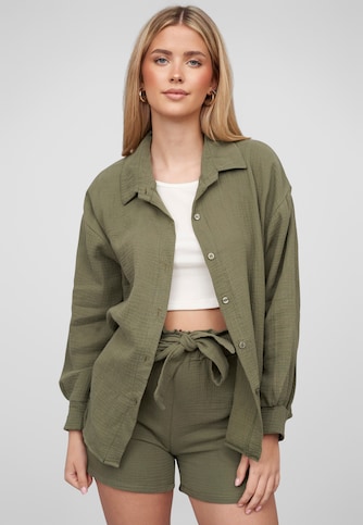 Cloud5ive Damen Oversize Musselin Bluse mit Knopfleiste