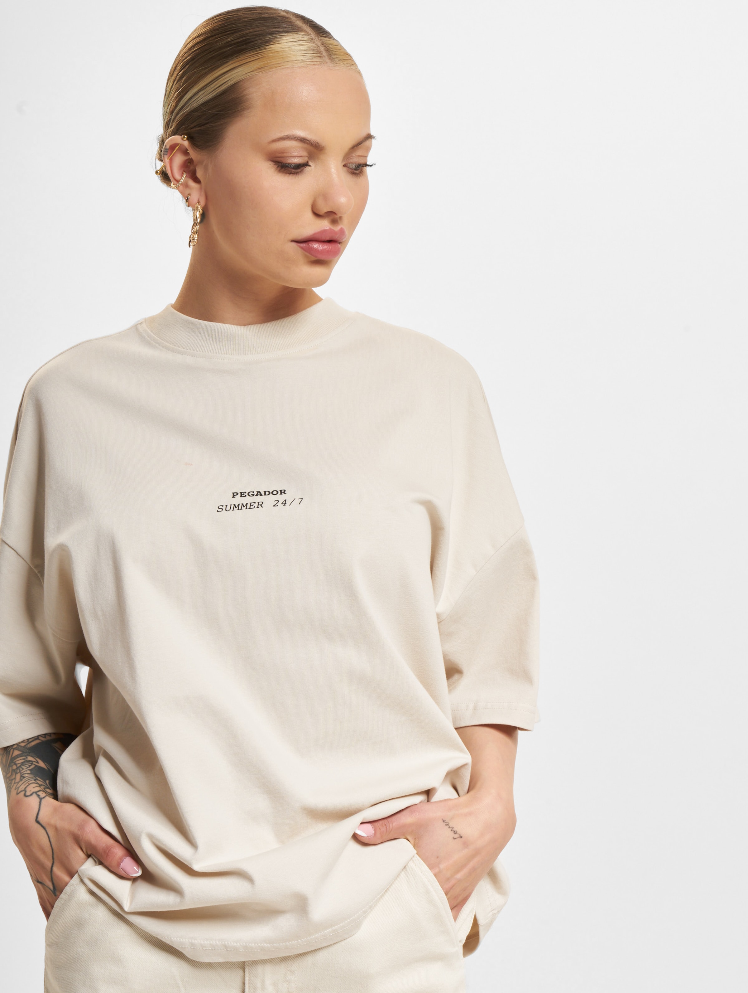PEGADOR Aurora Heavy Oversized T-Shirts Frauen,Unisex op kleur beige, Maat M