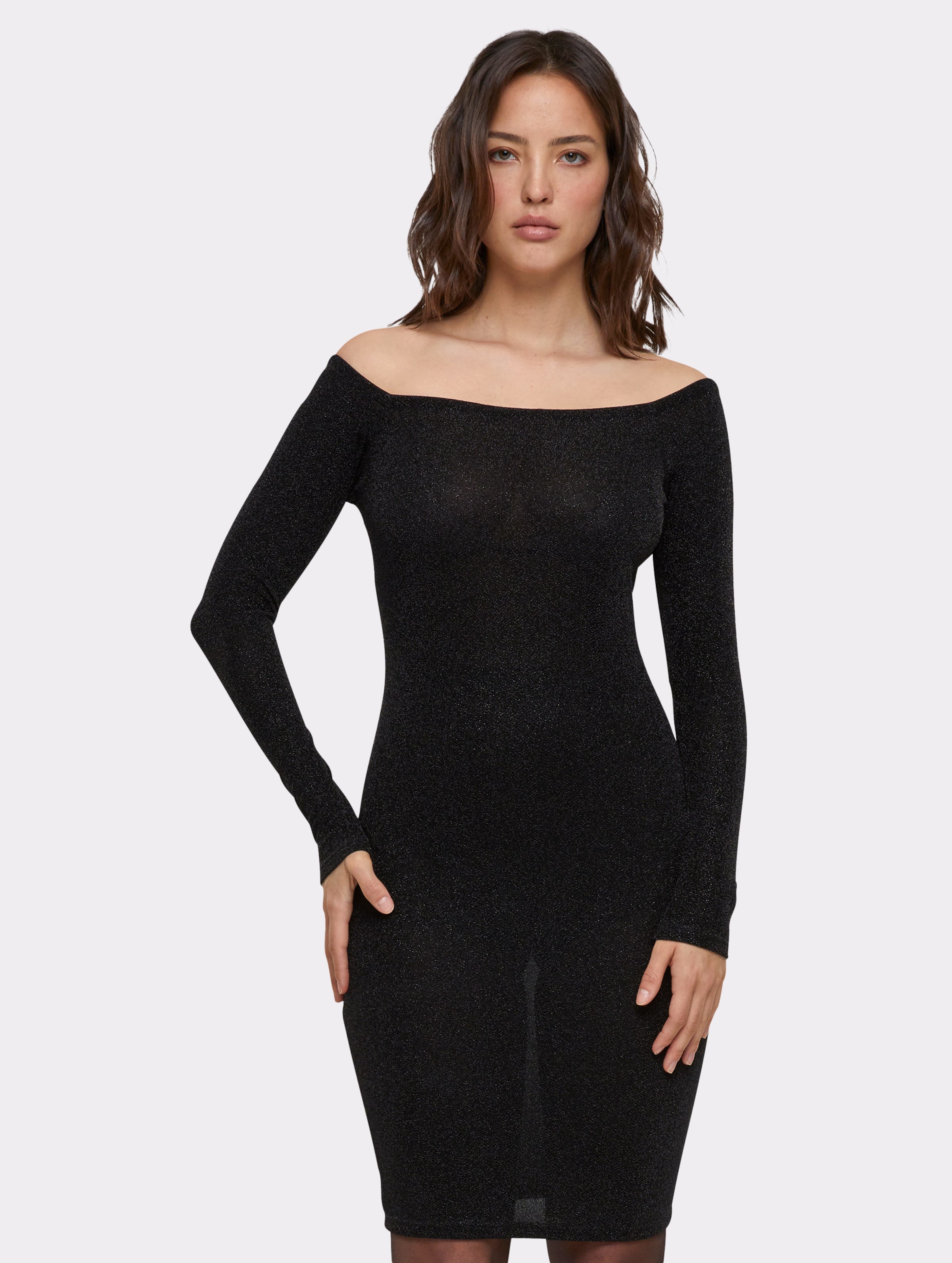 Urban Classics - Off Shoulder Longsleeve Glitter Bodycon jurk - XS - Zwart