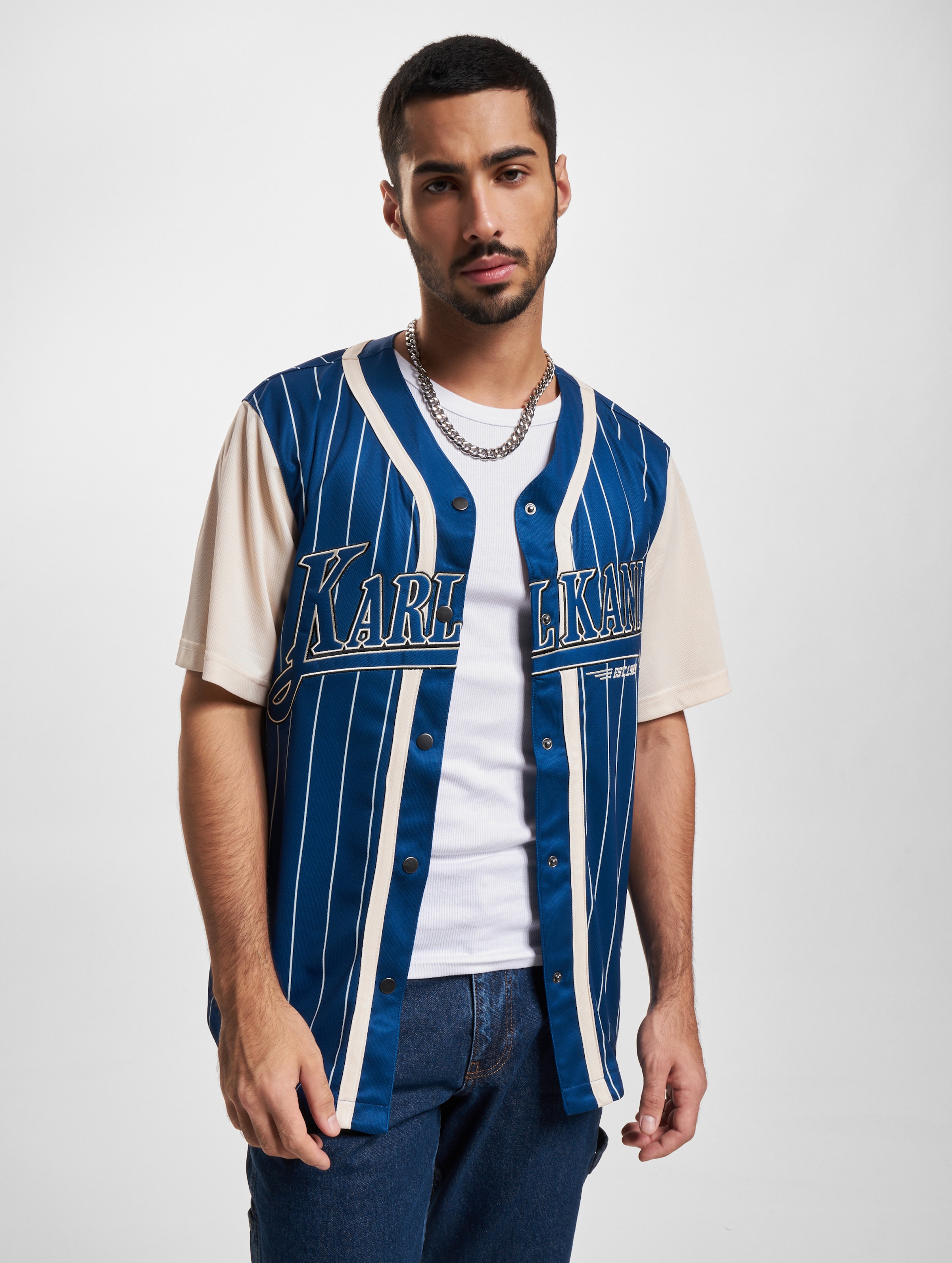 Karl Kani KM234-002-2 Trekking Block Pinstripe Baseball T-Shirts Männer,Unisex op kleur blauw, Maat L