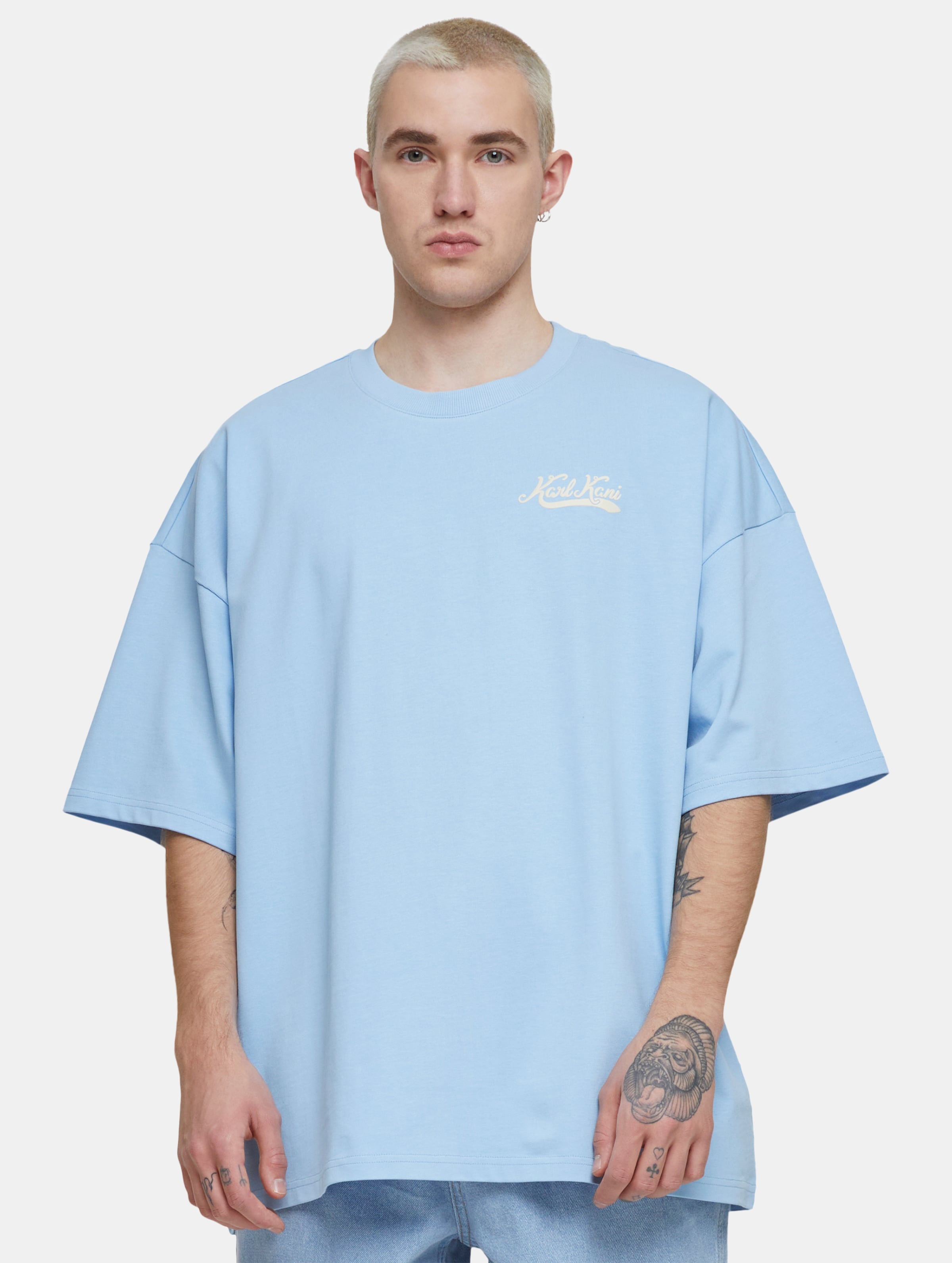 Karl Kani Woven Signature Heavy Jersey Boxy Diner T-Shirt op kleur blauw, Maat S