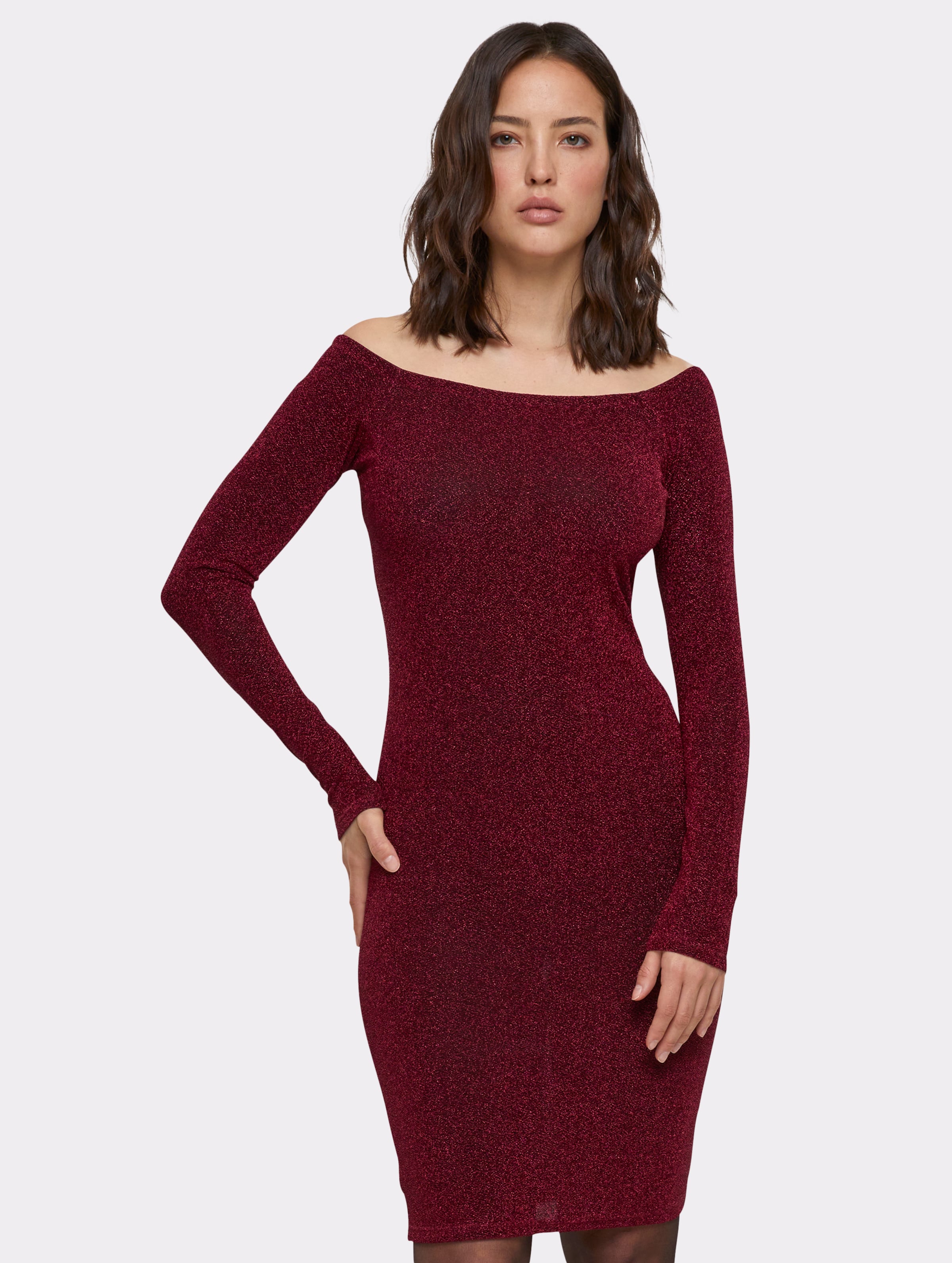 Urban Classics - Off Shoulder Longsleeve Glitter Bodycon jurk - L - Bordeaux rood