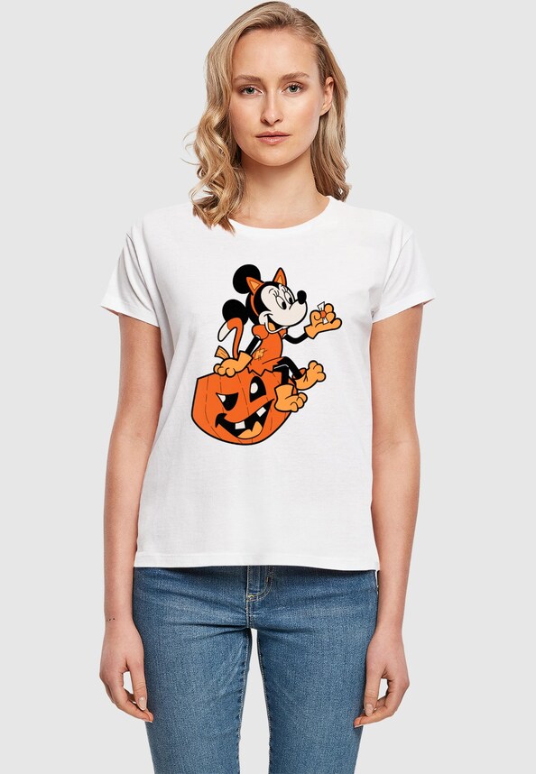 Ladies Minnie Mouse - Halloween Cat On Pumpkin Box Tee-0