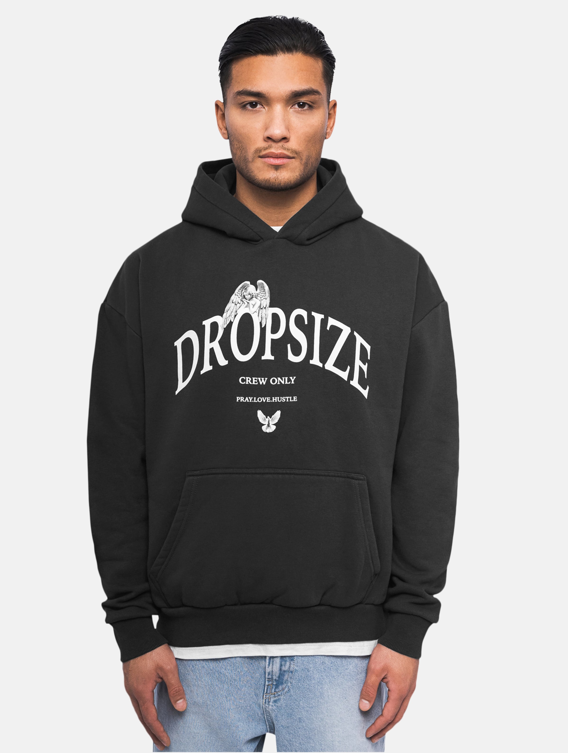 Dropsize Heavy Oversize Pray Love Hustle Hoodie op kleur zwart, Maat XL