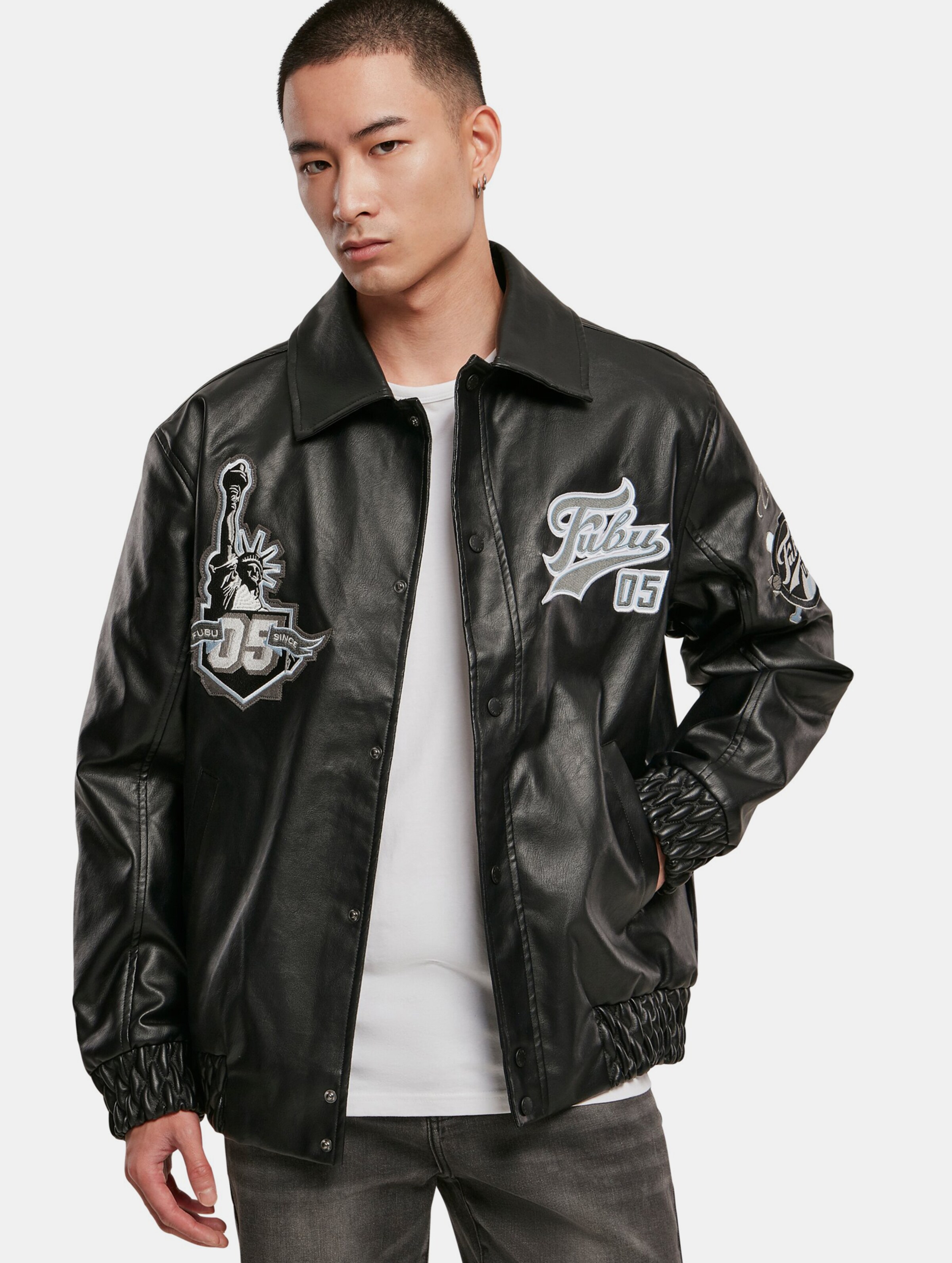 Fubu Varsity leather Jacket Mannen op kleur zwart, Maat XXL