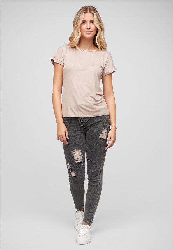 Viskose T-Shirt mit Ärmelumschlag und Rundhals-4