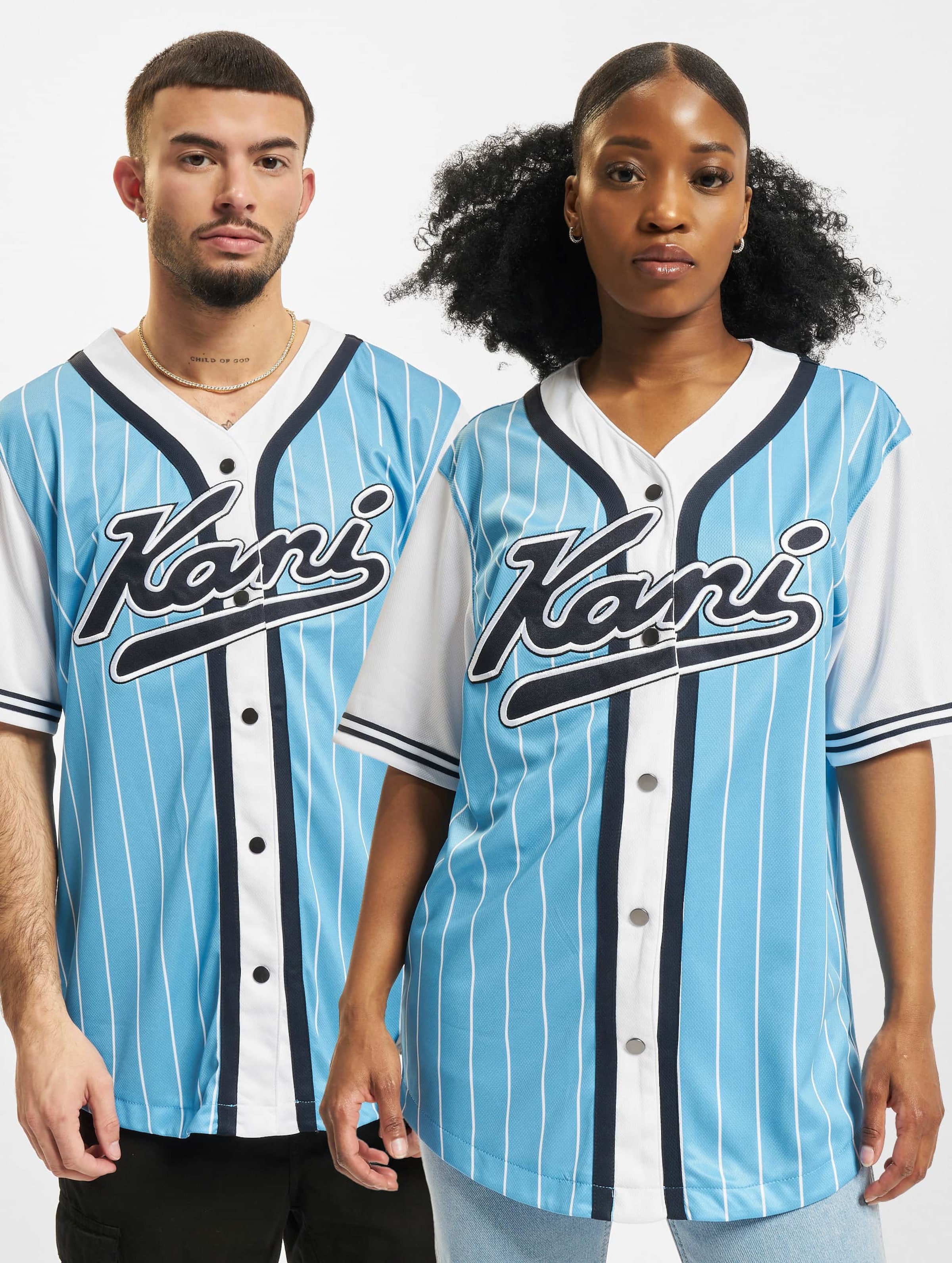 Karl Kani KU222-071-1 Varsity Block Pinstripe Baseball Shirt Vrouwen op kleur blauw, Maat XS