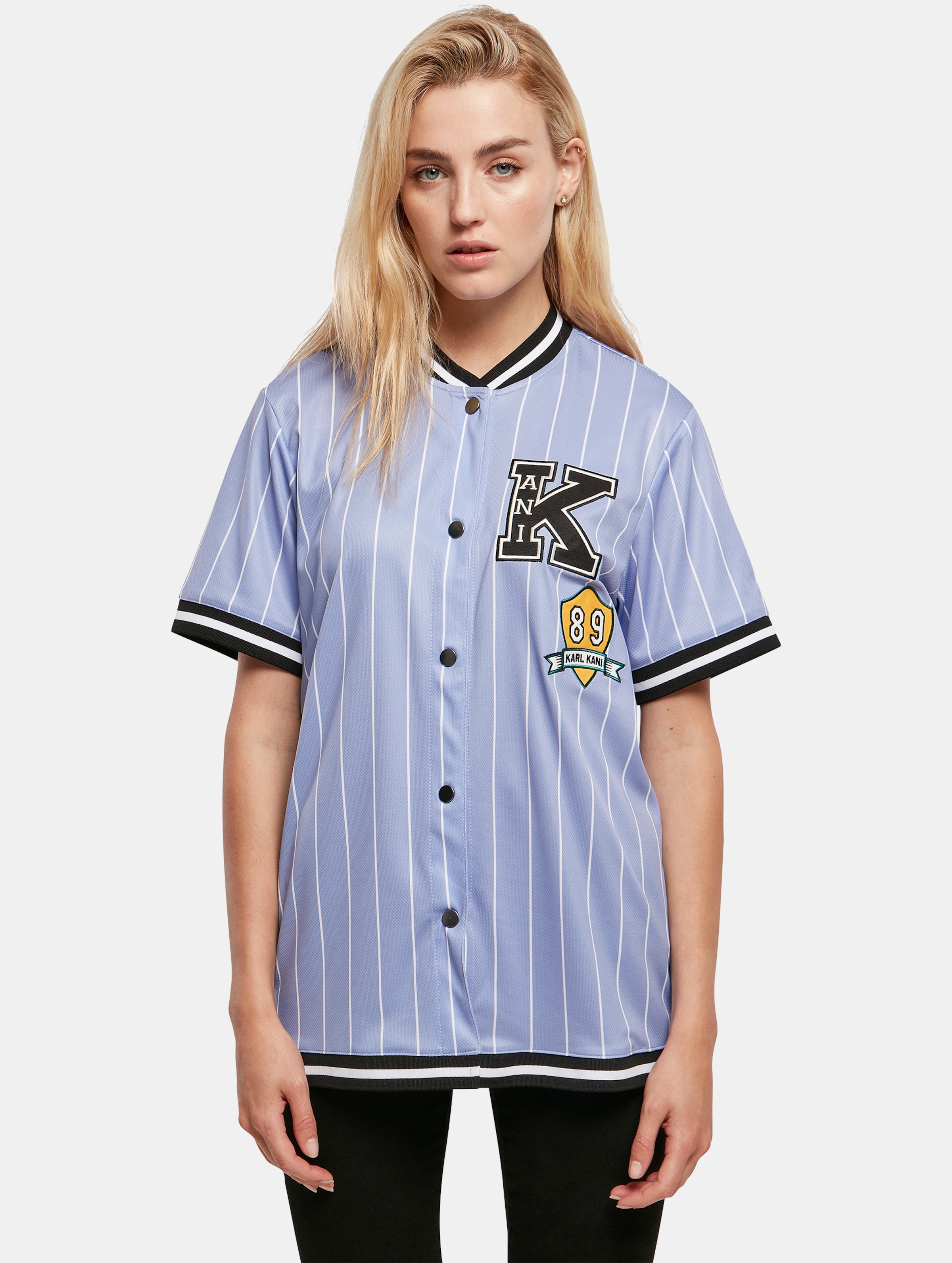 Karl Kani Retro Patch Pinstripe Baseball Shirt Vrouwen op kleur wit, Maat XS