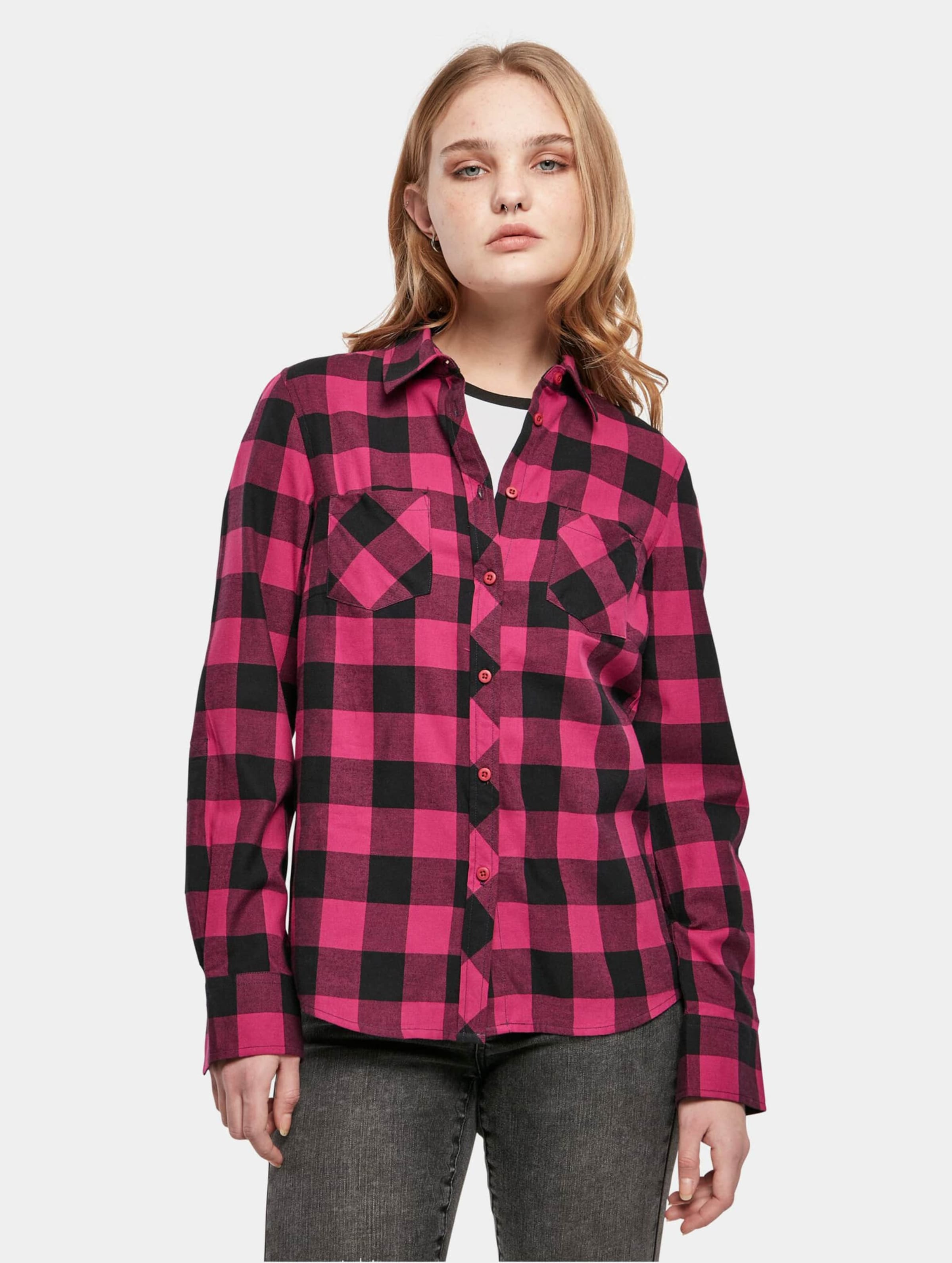 Urban Classics Blouse -L- Turnup Checked Flanell Roze/Zwart