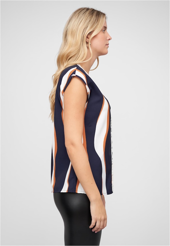 V-Neck Top mit Häkelbordüre und Wellen Print-3