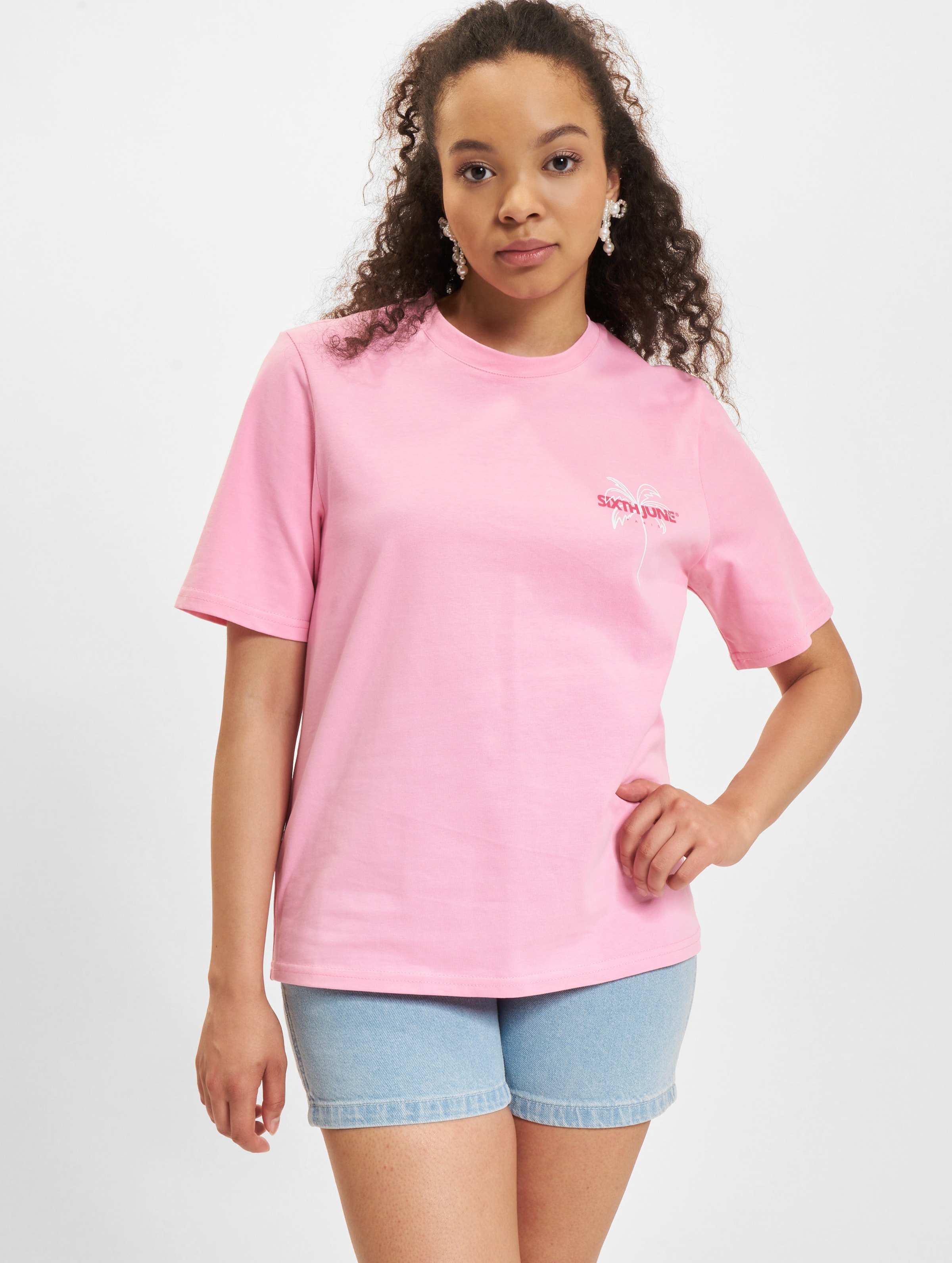 Sixth June Beaches Print T-Shirt Frauen,Unisex op kleur roze, Maat L