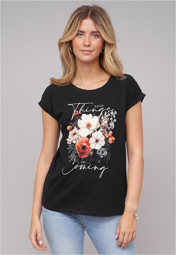 Ladies Good Things Coming Black Tee-0