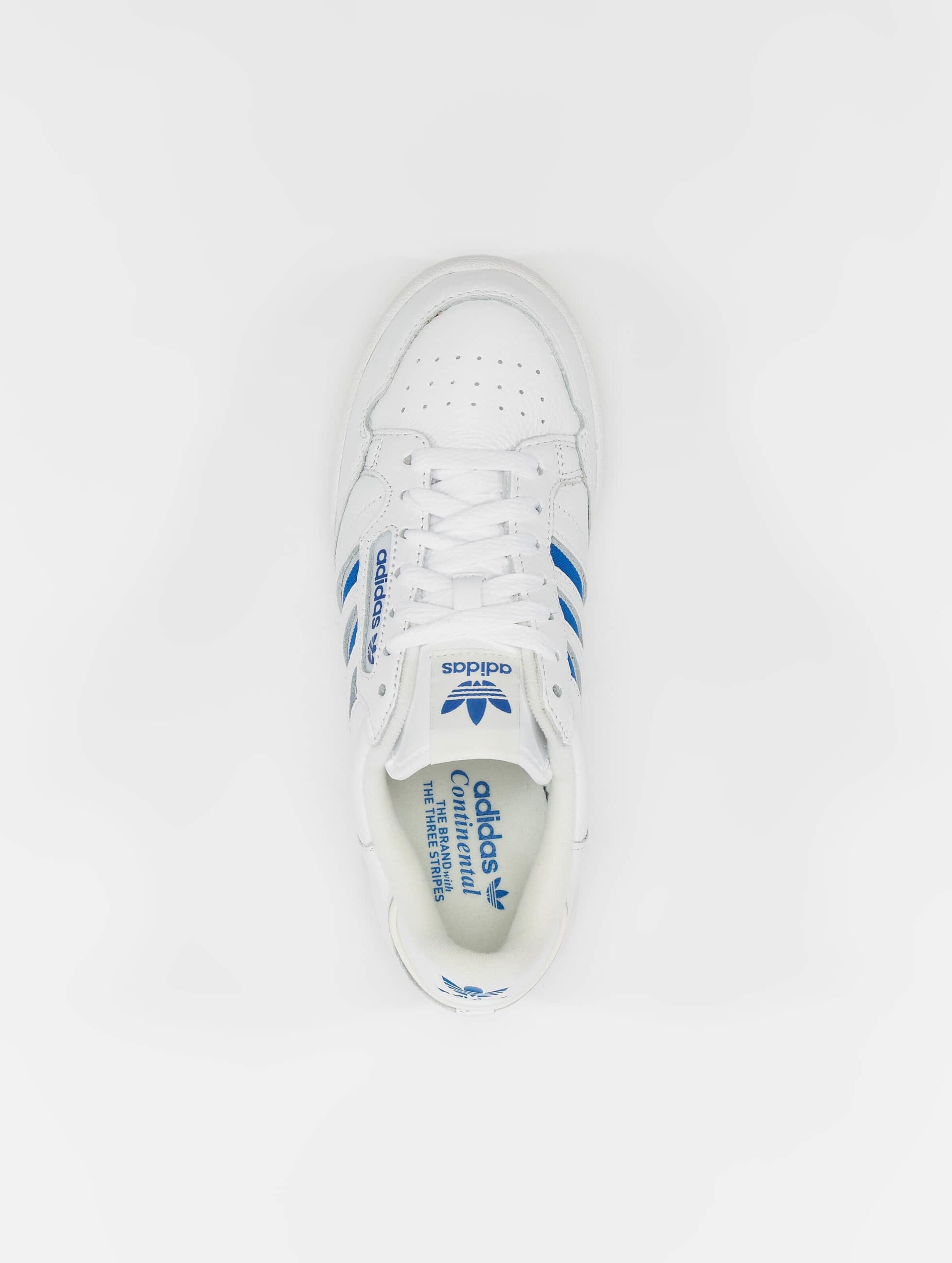 Adidas white shoes on sale with blue stripes