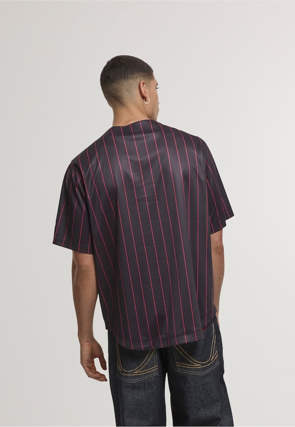 Cursive Varsity Pinstripe Cropped Baseball Jersey-1
