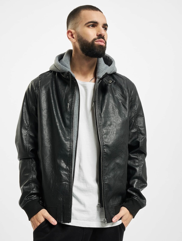 Fleece Hooded Fake Leather -0