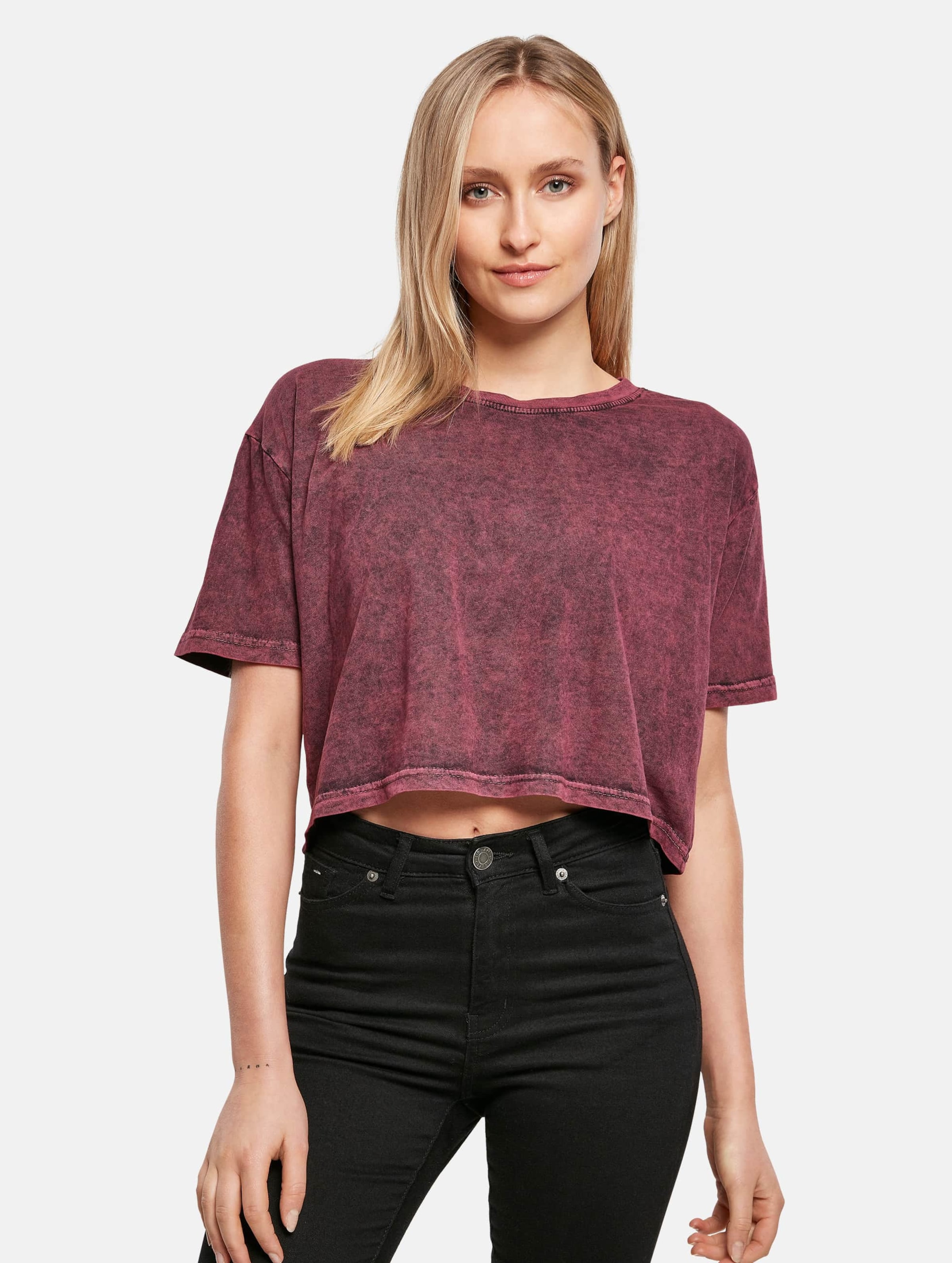 Build Your Brand Ladies Acid Washed Cropped Tee Vrouwen op kleur rood, Maat XS