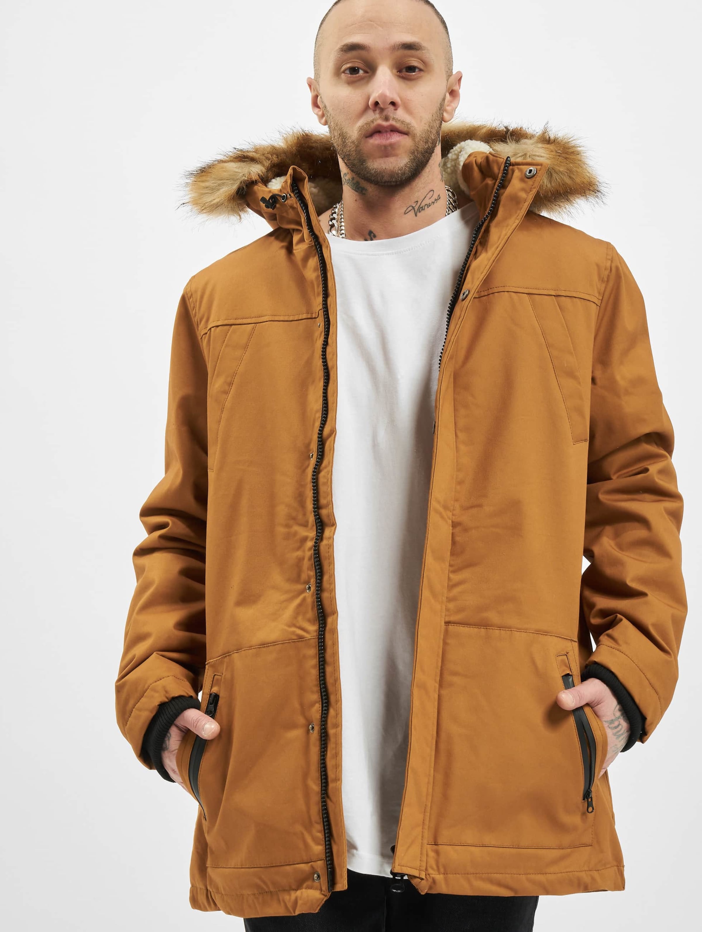 Urban Classics Heavy Cotton Imitation Fur Parka Mannen op kleur bruin, Maat XL