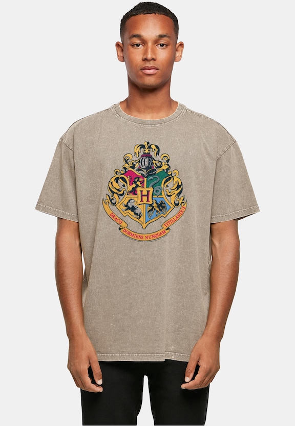 Harry Potter - Hogwarts Crest Gold Acid Washed Oversize Tee-0