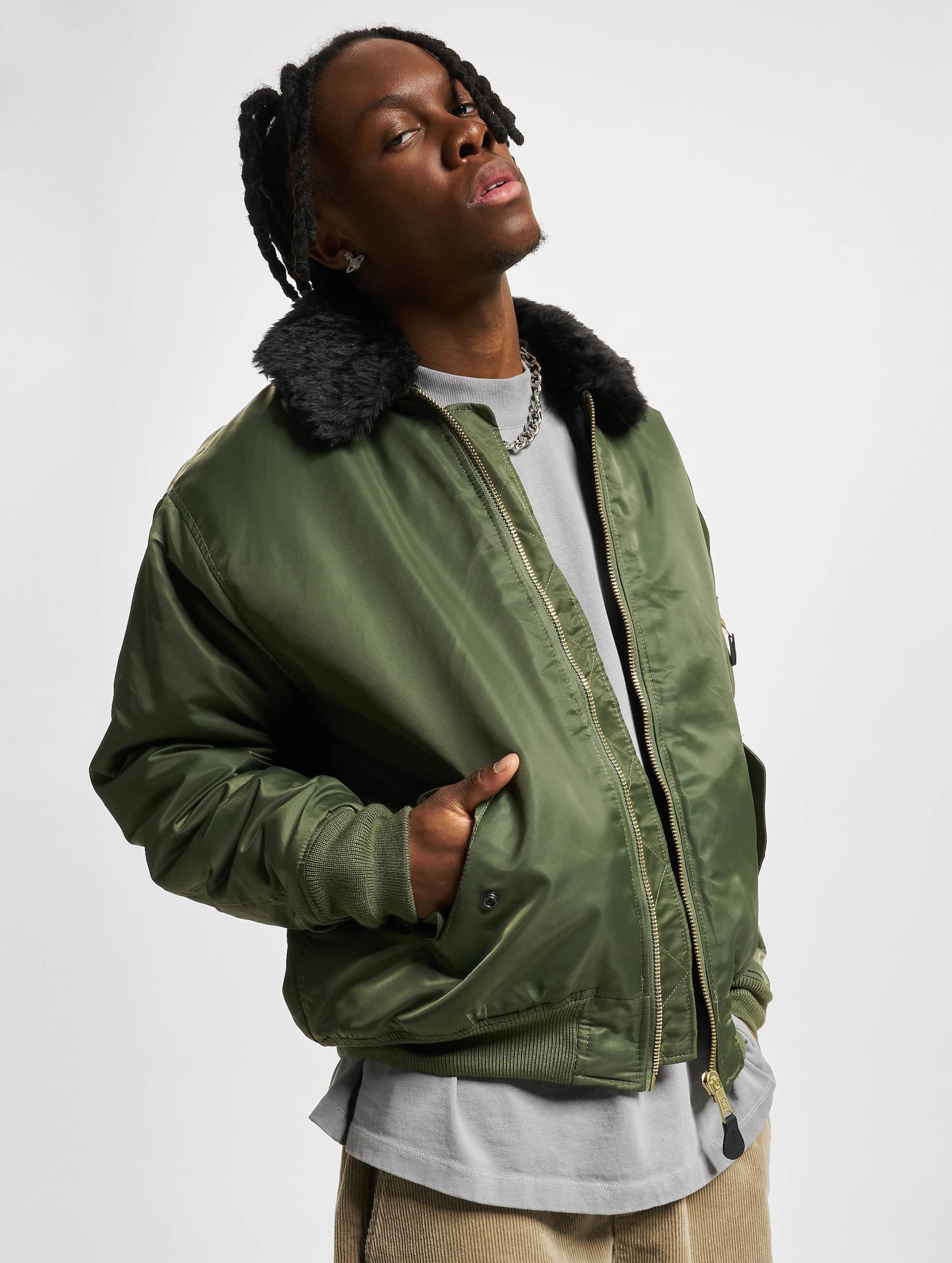 Green bomber jacket fur collar sale