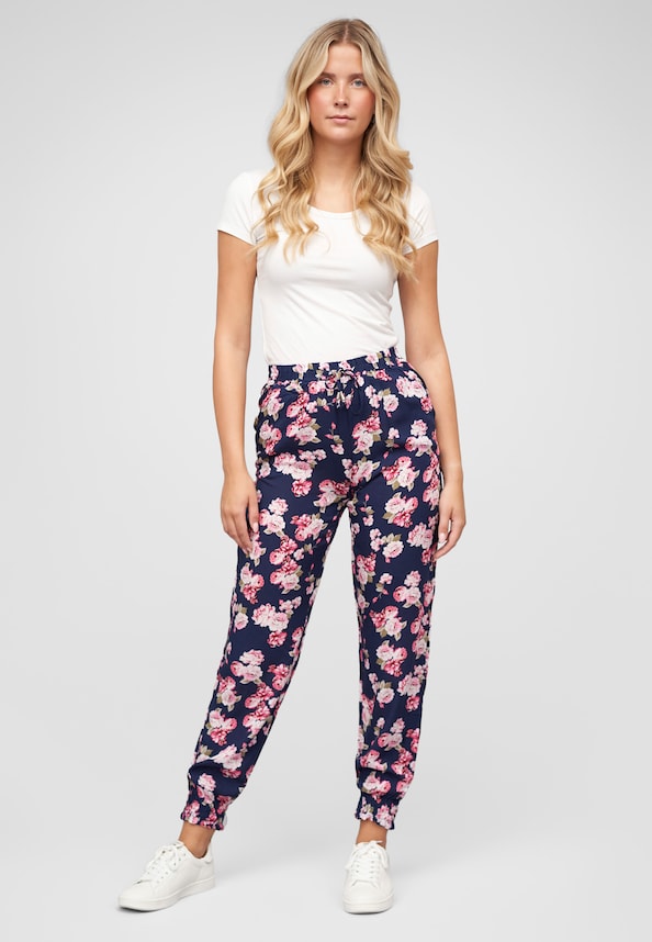 Viskose Hose mit Bündchen 2-Pockets & Blumen Print-4