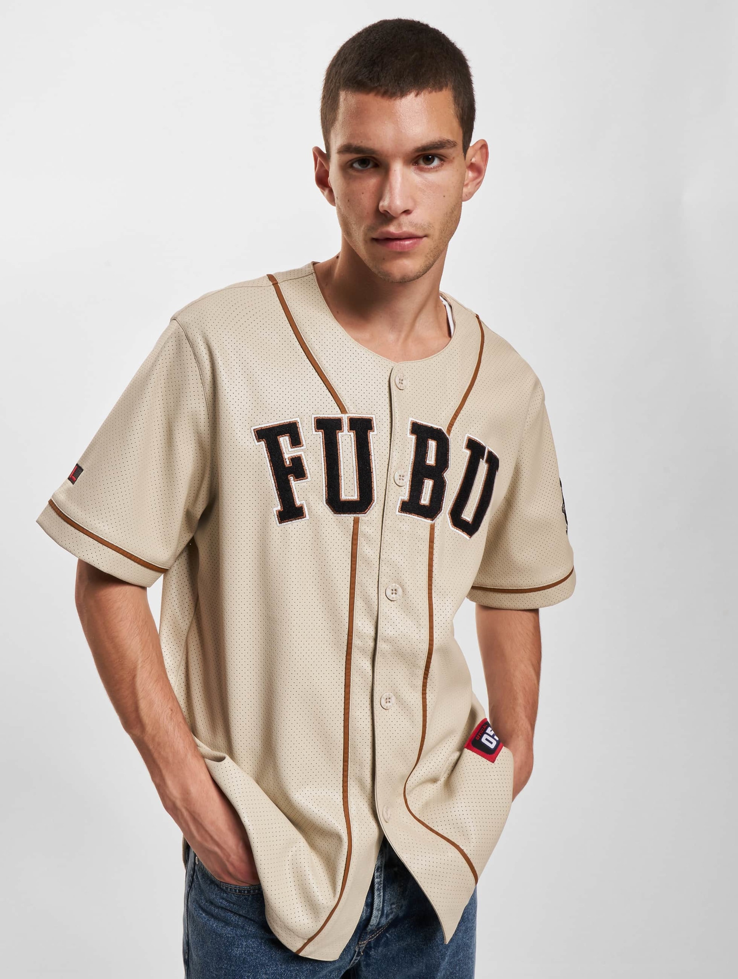 Fubu FM233-007-1 FUBU College Leather Baseball Jersey Mannen op kleur beige, Maat XXL