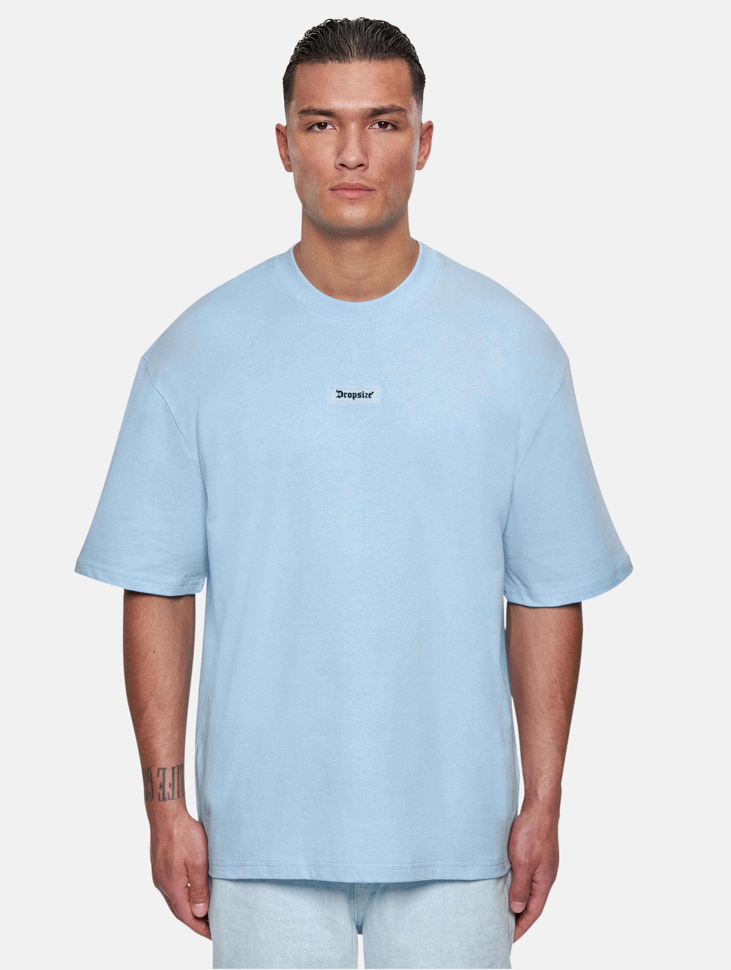 Dropsize Heavy Oversize Front Rubber Patch T-Shirts op kleur blauw, Maat L