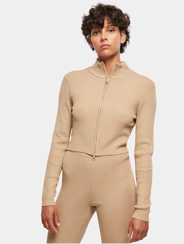  Ladies Cropped Rib Knit Zip -0