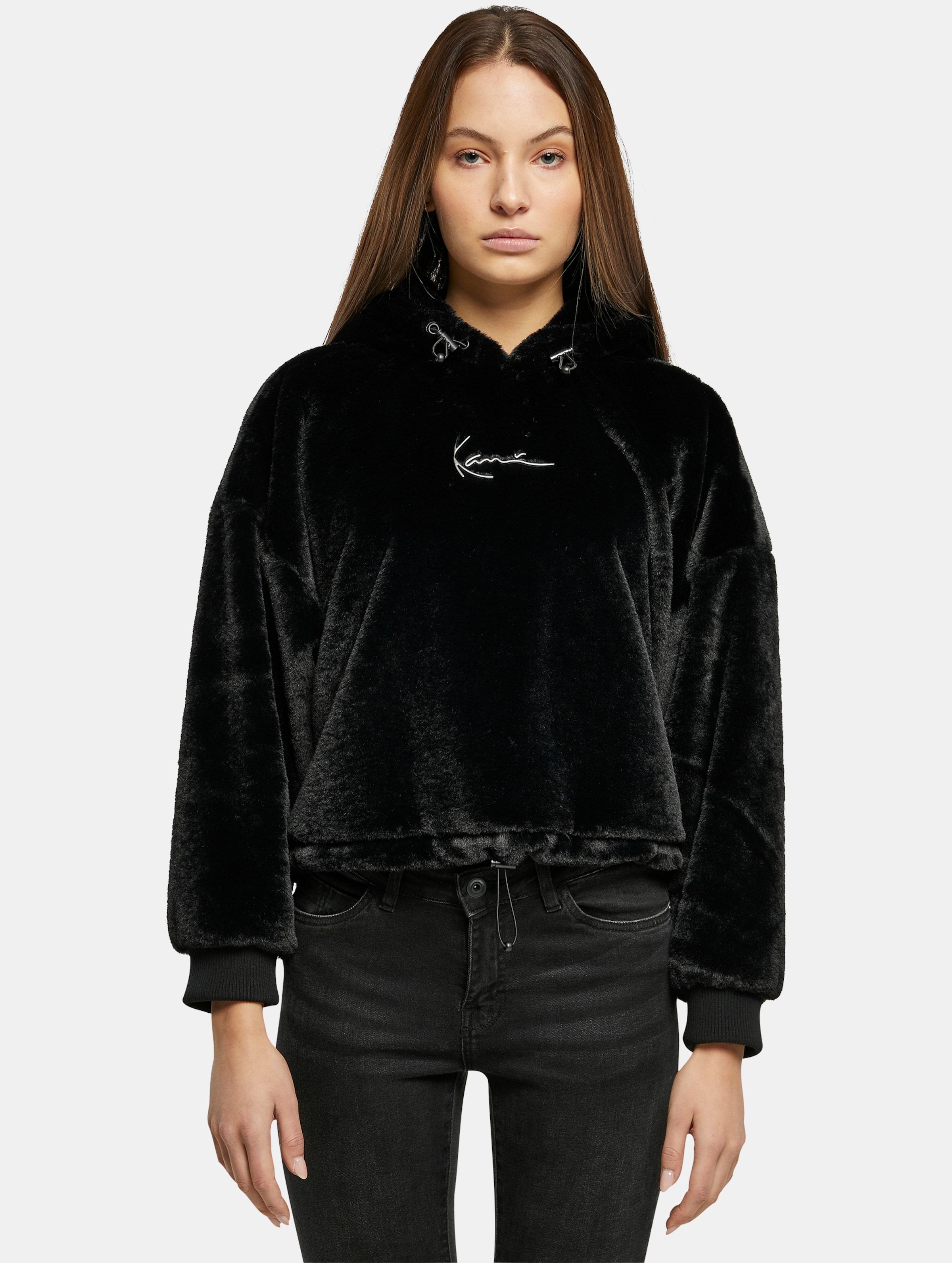 Karl Kani Metal Signature Fake Fur OS Crop Hoodie Frauen,Unisex op kleur zwart, Maat XXS