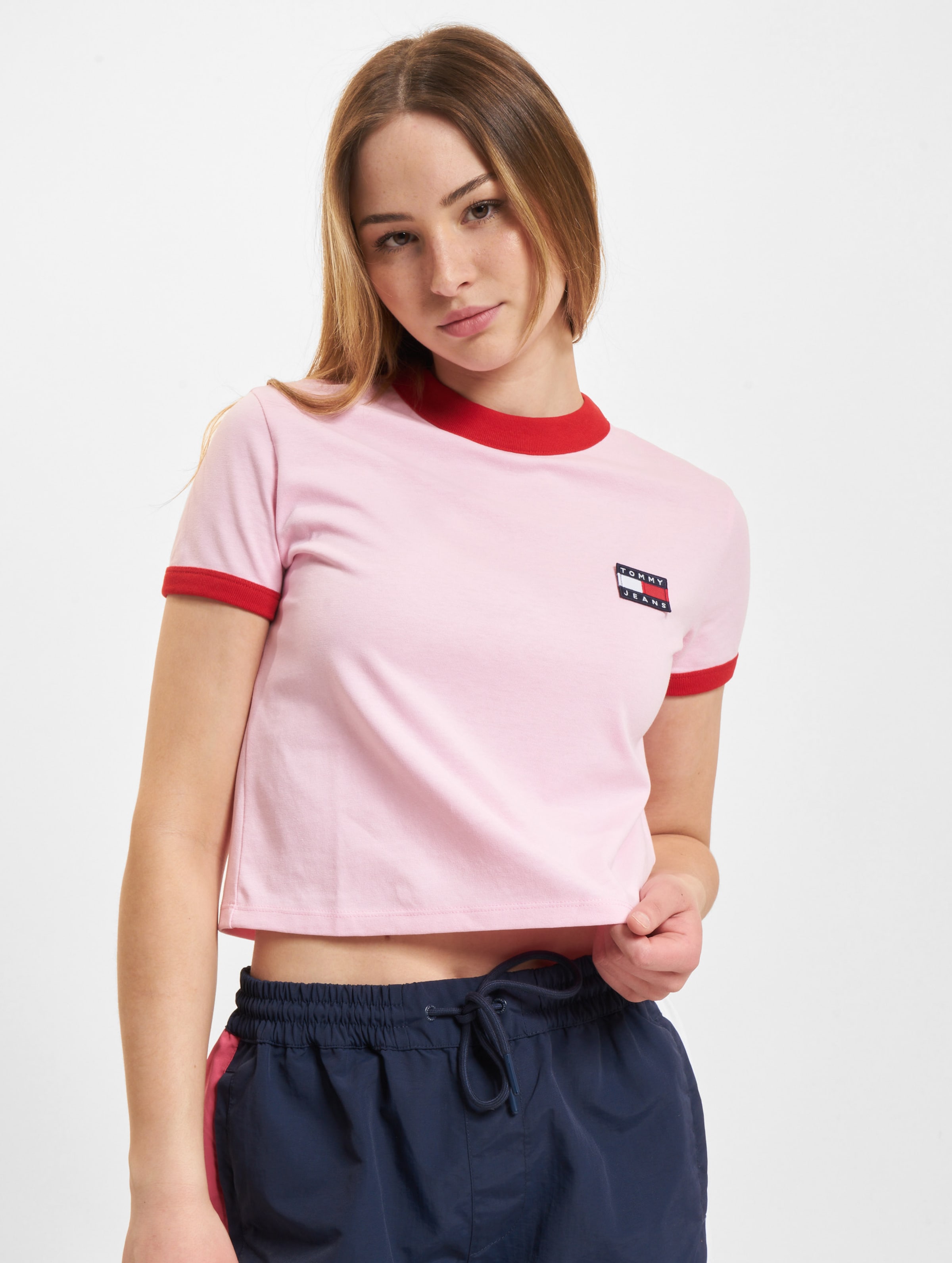 Tommy Jeans Badge Ringer T-Shirt Frauen,Unisex op kleur roze, Maat XS