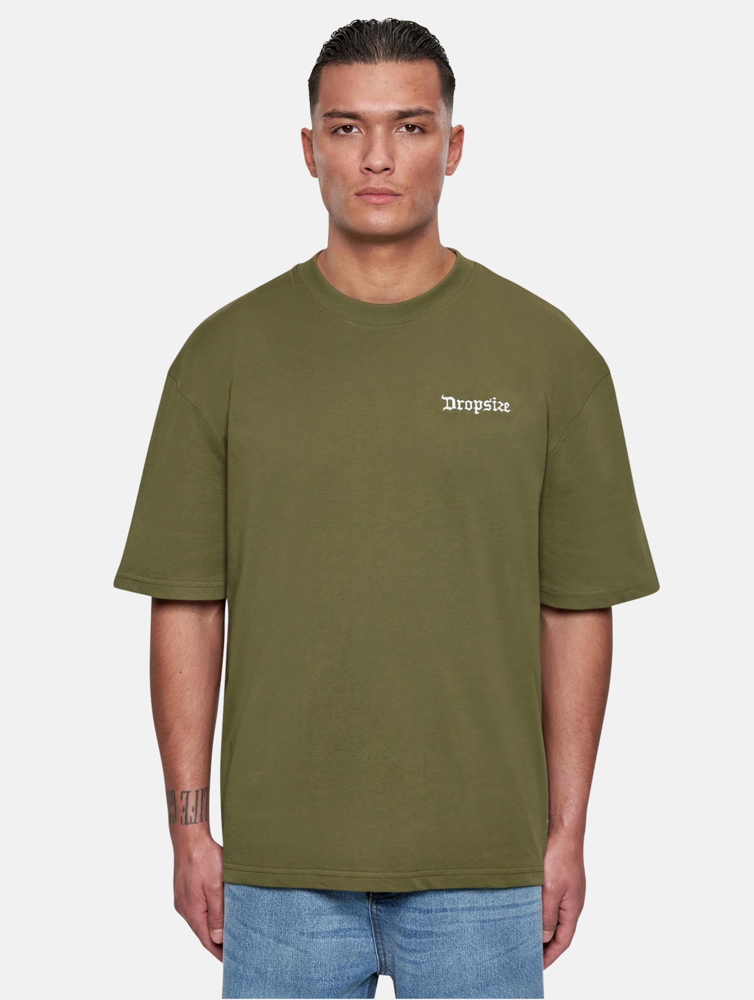 Dropsize Heavy Oversize Embo T-Shirts op kleur olijf, Maat XS