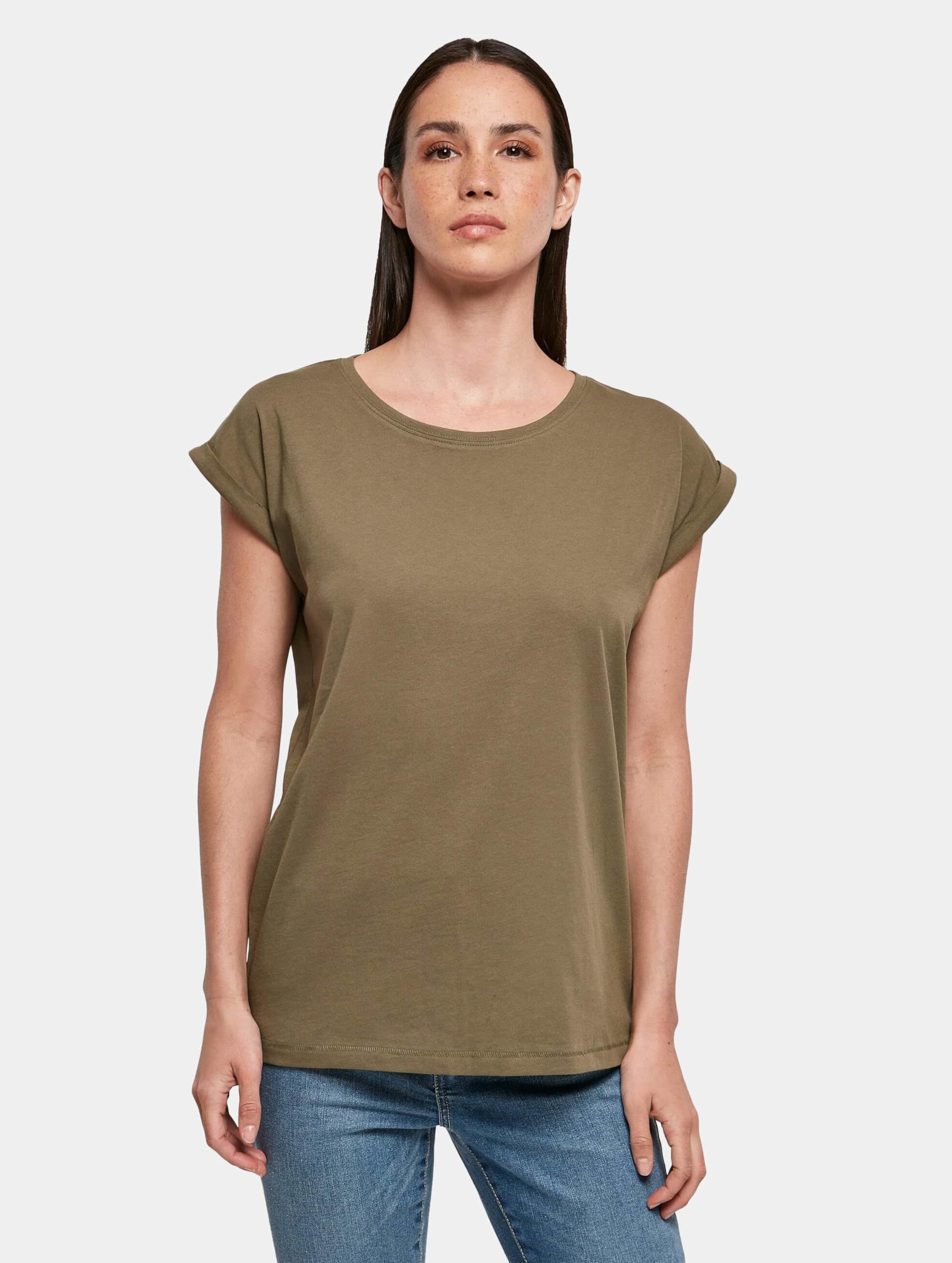 Build Your Brand Ladies Organic Extended Shoulder Tee Vrouwen op kleur olijf, Maat XL