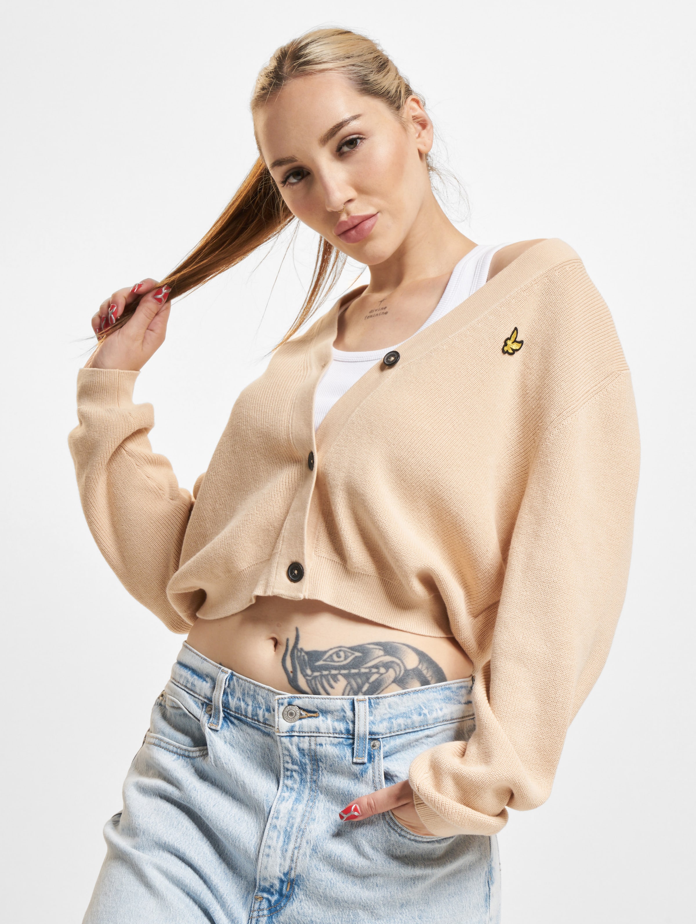 Lyle & Scott Cropped Strickjacke op kleur beige, Maat L