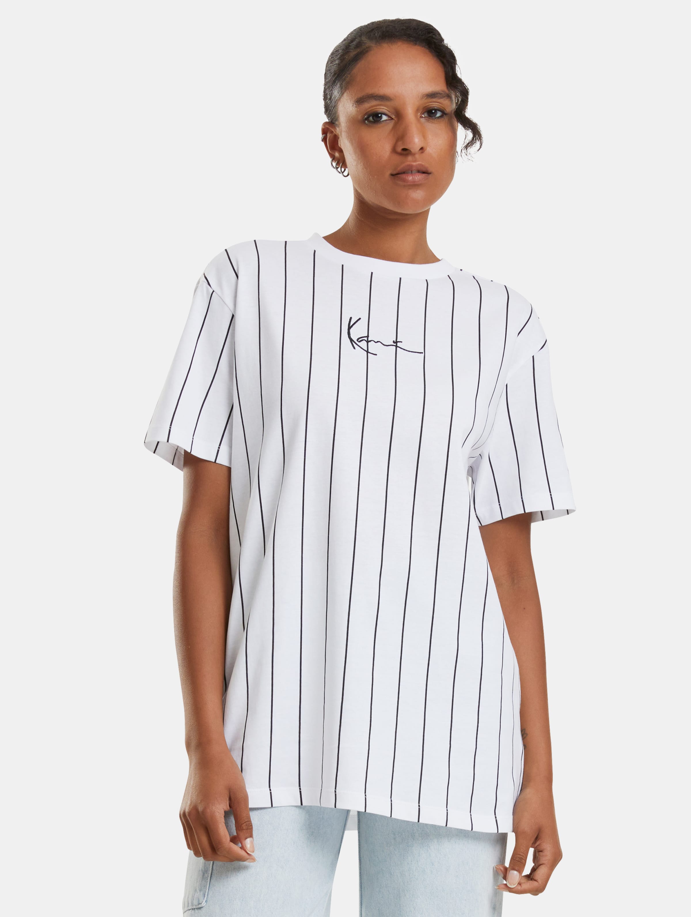 Karl Kani Small Signature Essential Pinstripe Oversized T-Shirts op kleur wit, Maat XS