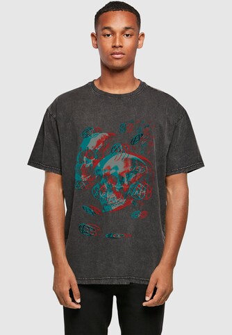 HIM - 3D Skulls and heartagrams Acid Washed Oversize Tee