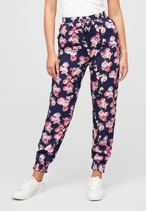 Viskose Hose mit Bündchen 2-Pockets & Blumen Print-0
